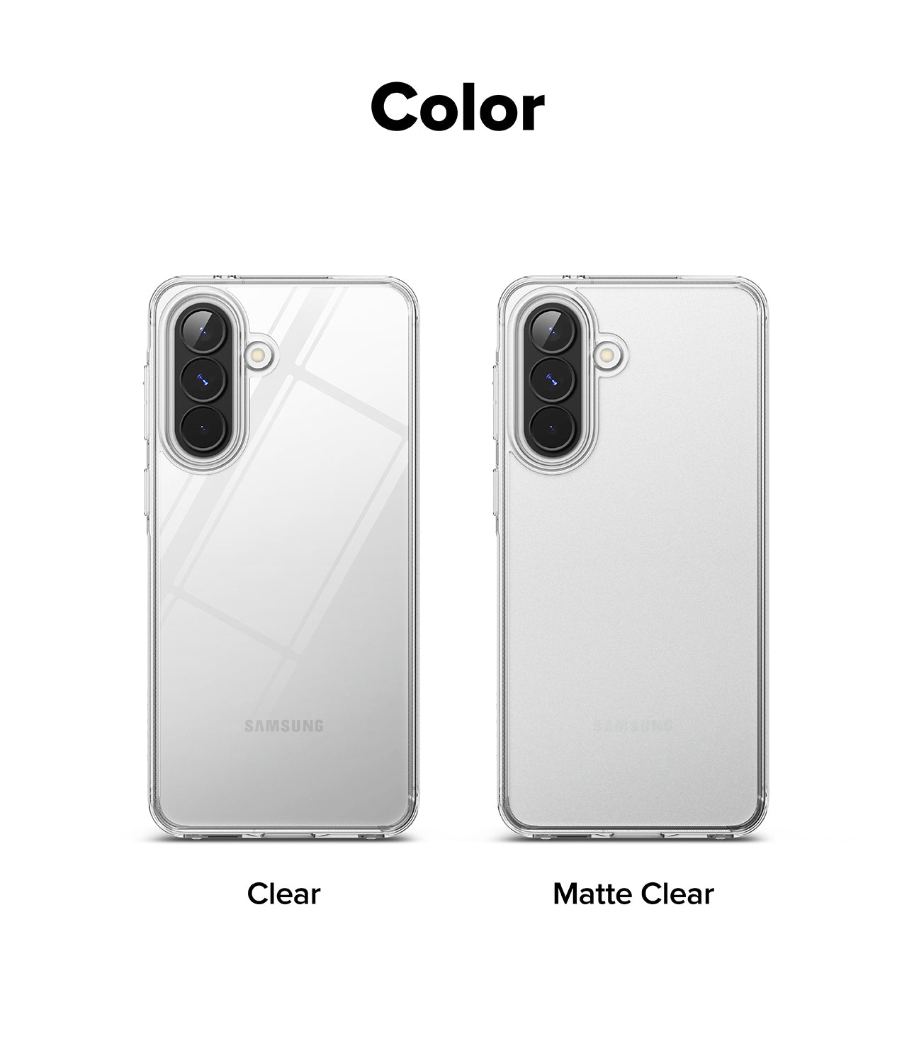 Galaxy A57 5G Case | Fusion - Two Galaxy A57 phones in clear and matte clear Fusion cases side-by-side.