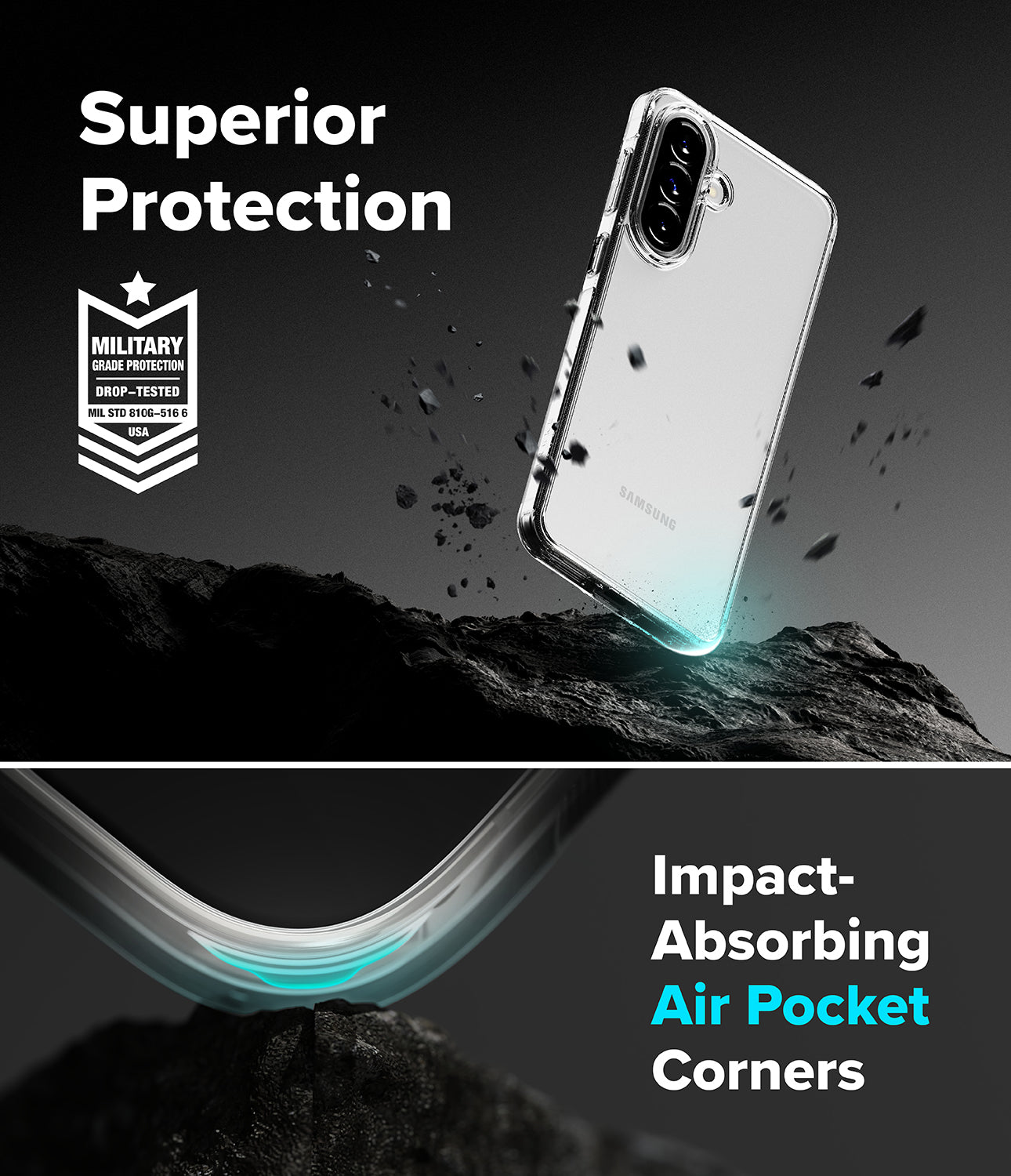 Galaxy A57 5G Case | Fusion - Clear phone case with military-grade protection and air pocket corners on rocky terrain.