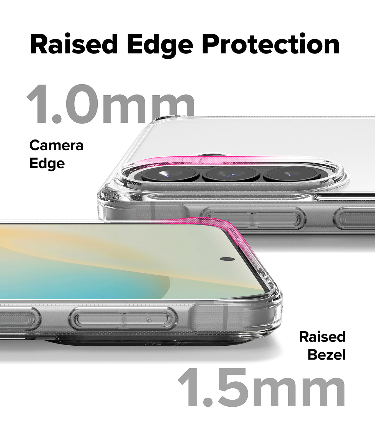 Galaxy A57 5G Case | Fusion - Clear phone case showing 1.0mm camera edge and 1.5mm screen bezel protection highlights.