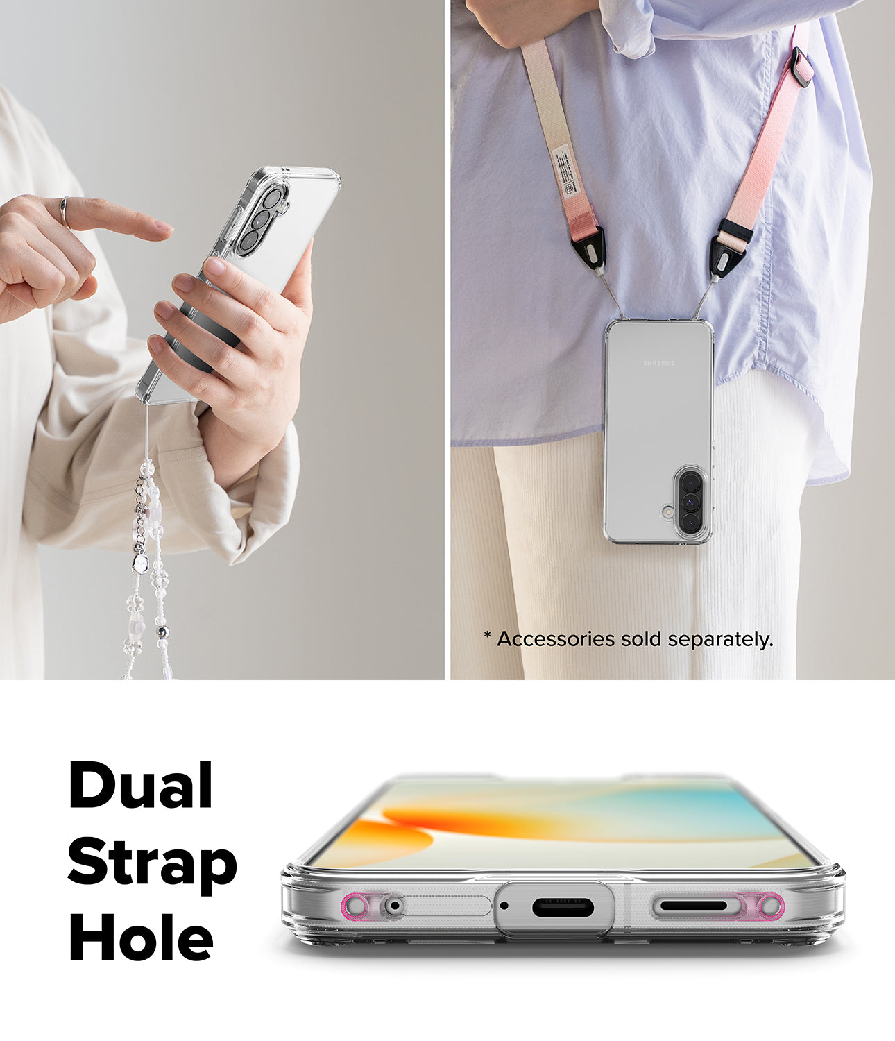 Galaxy A57 5G Case | Fusion - Clear phone case with dual strap holes, shown worn with lanyards and held in hand.
