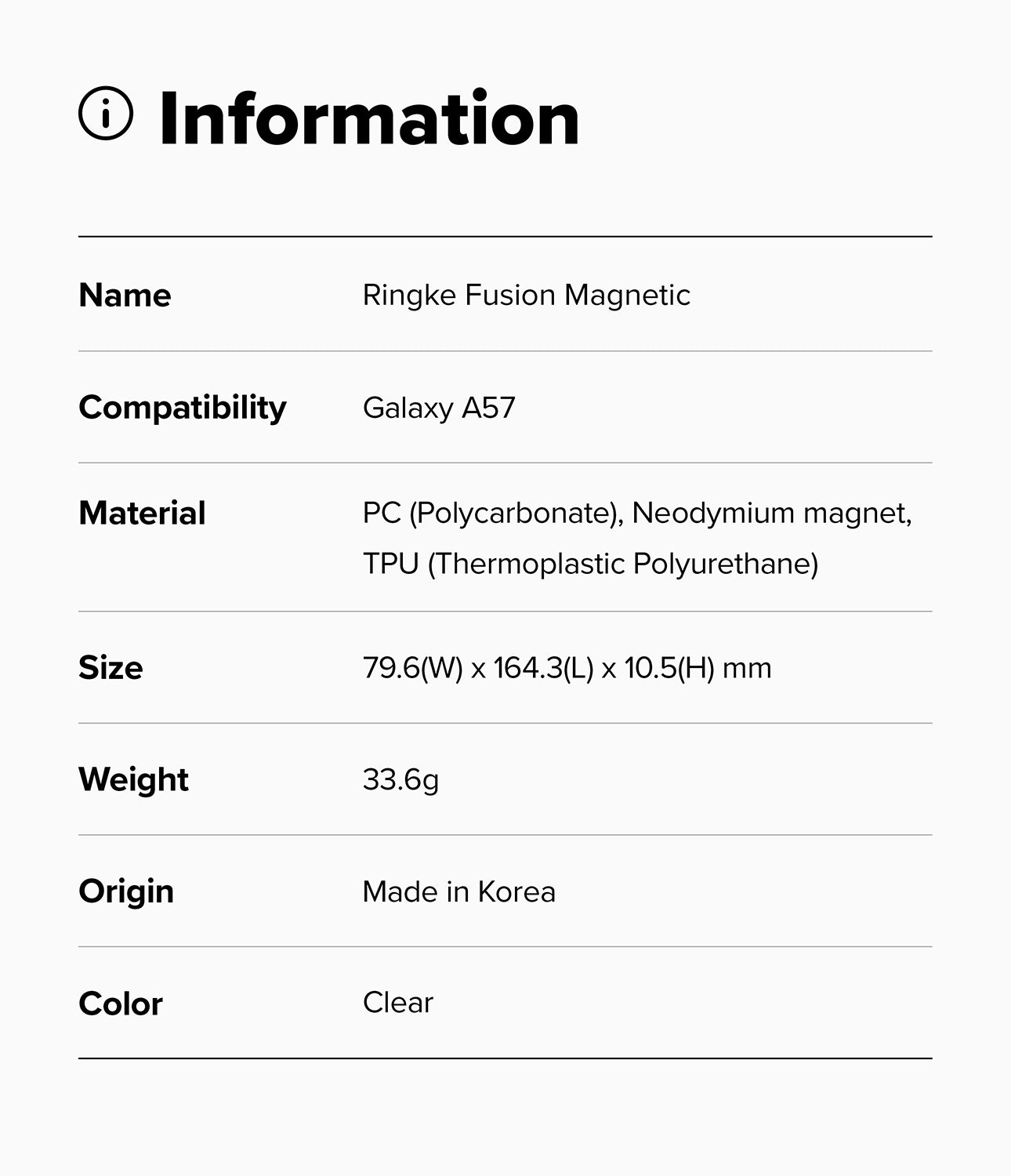 Galaxy A57 5G Case | Fusion Magnetic - Information table listing product name, compatibility, material, size, weight, origin, and color.
