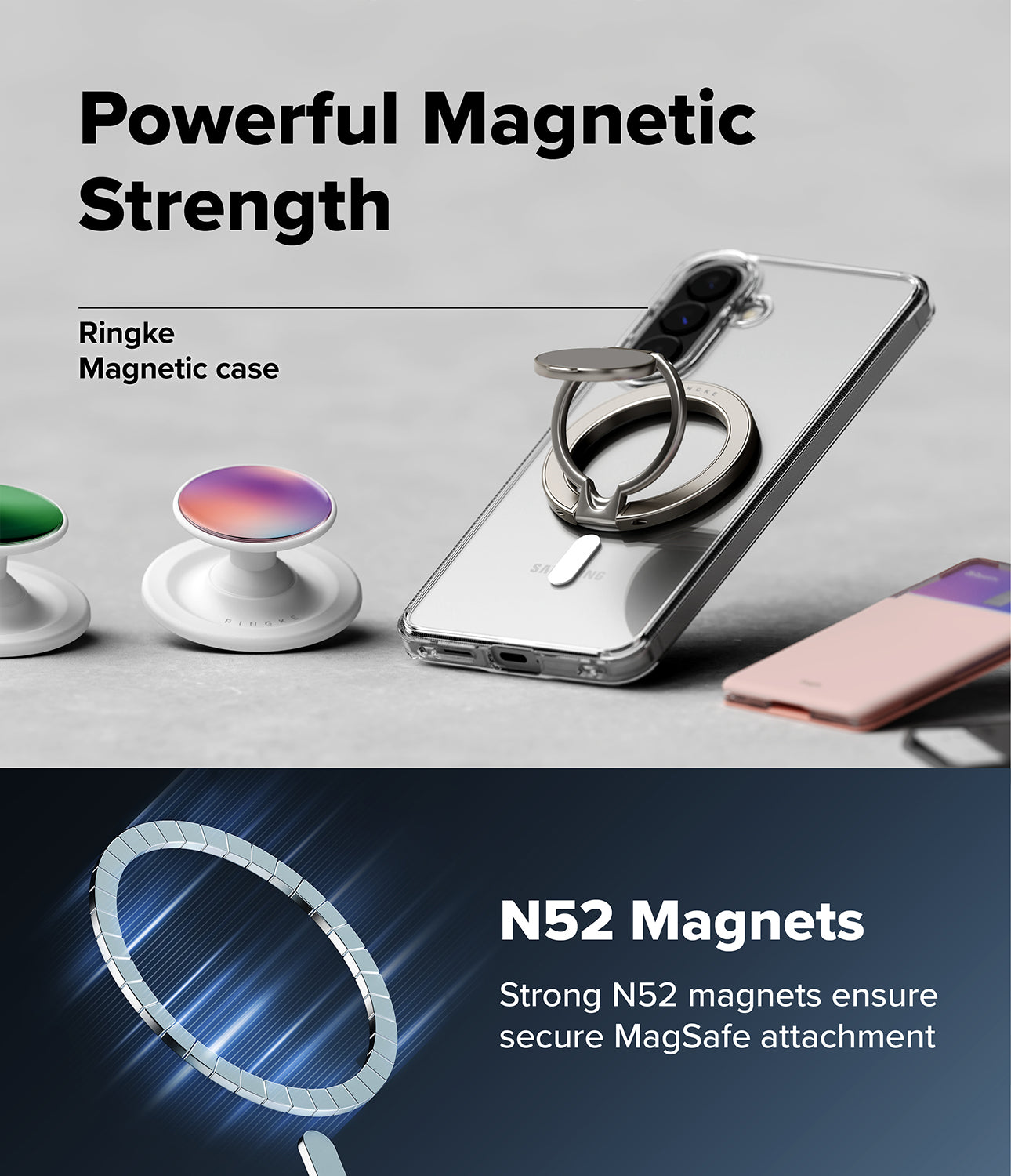 Galaxy A57 5G Case | Fusion Magnetic - Clear phone case with a magnetic ring holder and N52 magnet diagram.