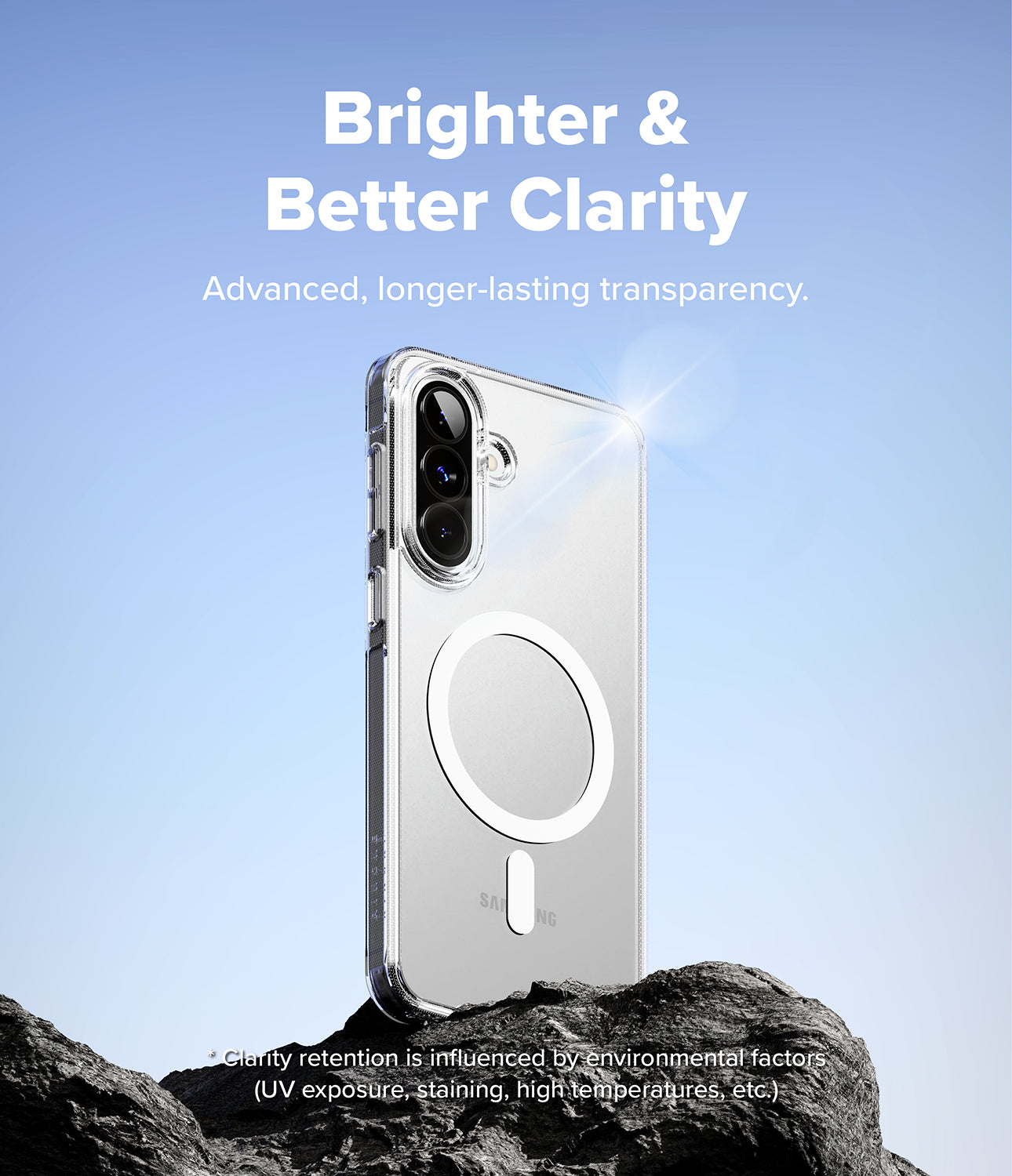 Galaxy A57 5G Case | Fusion Magnetic - Clear magnetic phone case on a rock against a blue sky with text about clarity.