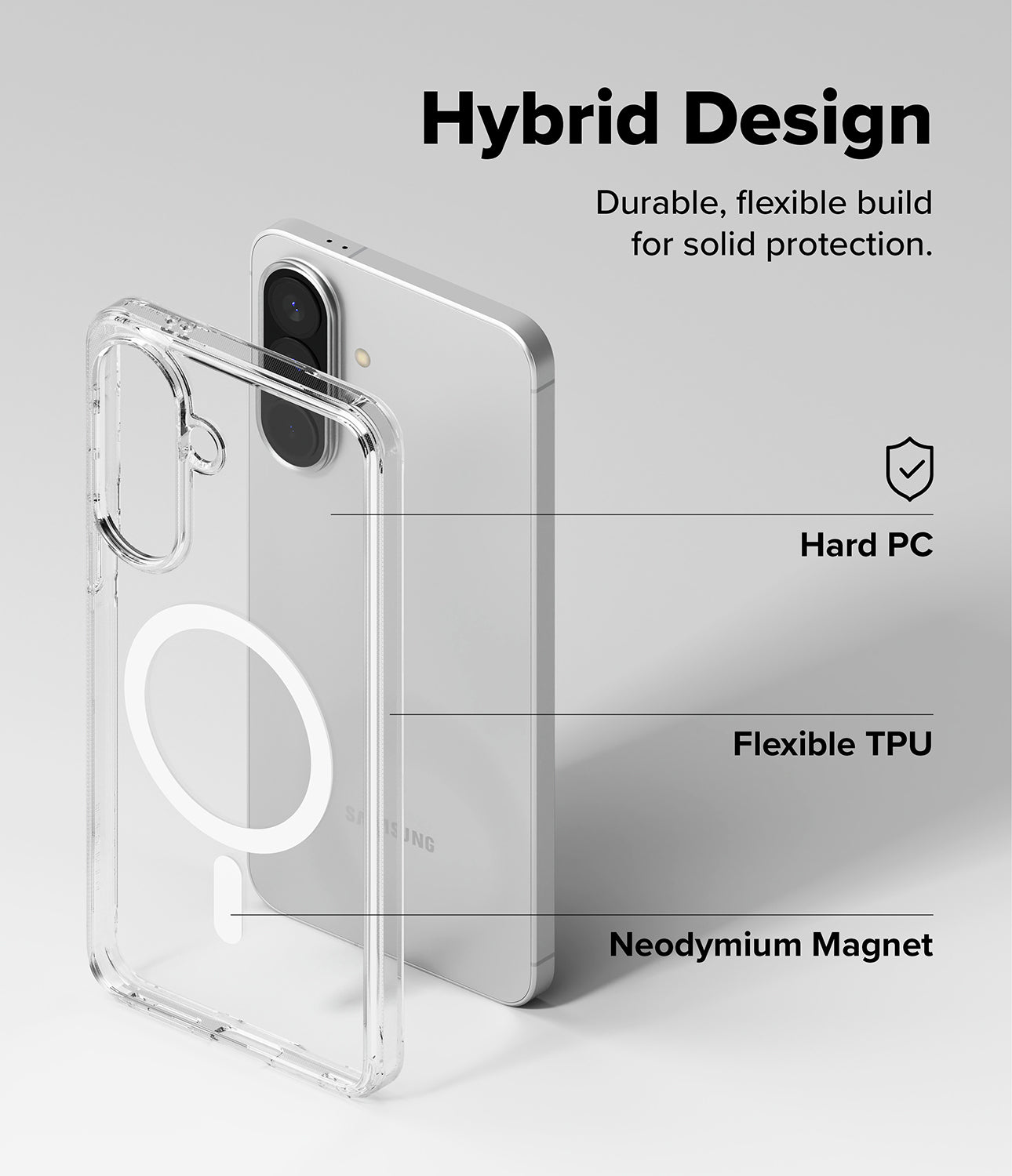 Galaxy A57 5G Case | Fusion Magnetic - Clear phone case showing Hard PC, Flexible TPU, and magnetic ring components.