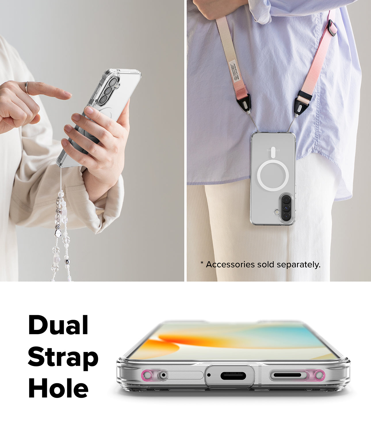 Galaxy A57 5G Case | Fusion Magnetic - Clear magnetic phone case shown with wrist and neck straps and dual strap holes.