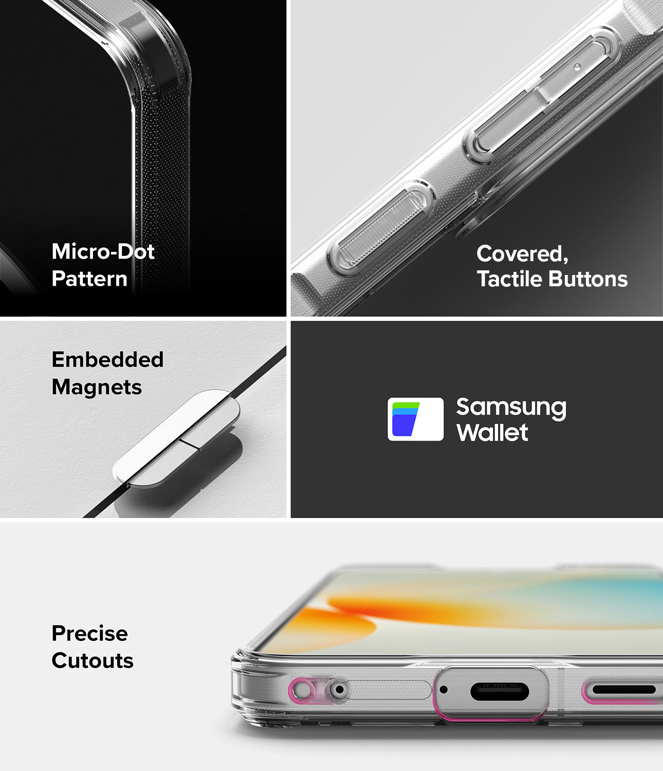 Galaxy A57 5G Case | Fusion Magnetic - Four-panel view showing micro-dot pattern, tactile buttons, magnets, and precise port cutouts.