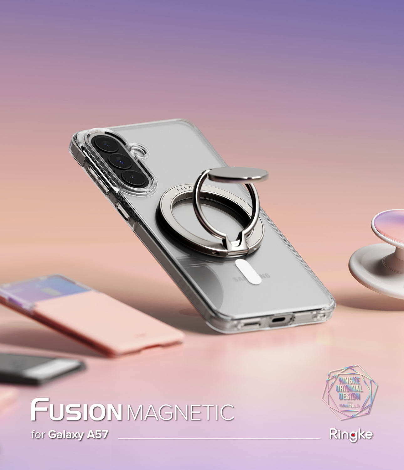 Galaxy A57 5G Case | Fusion Magnetic - Clear phone case with a built-in magnetic ring stand on a soft gradient background.