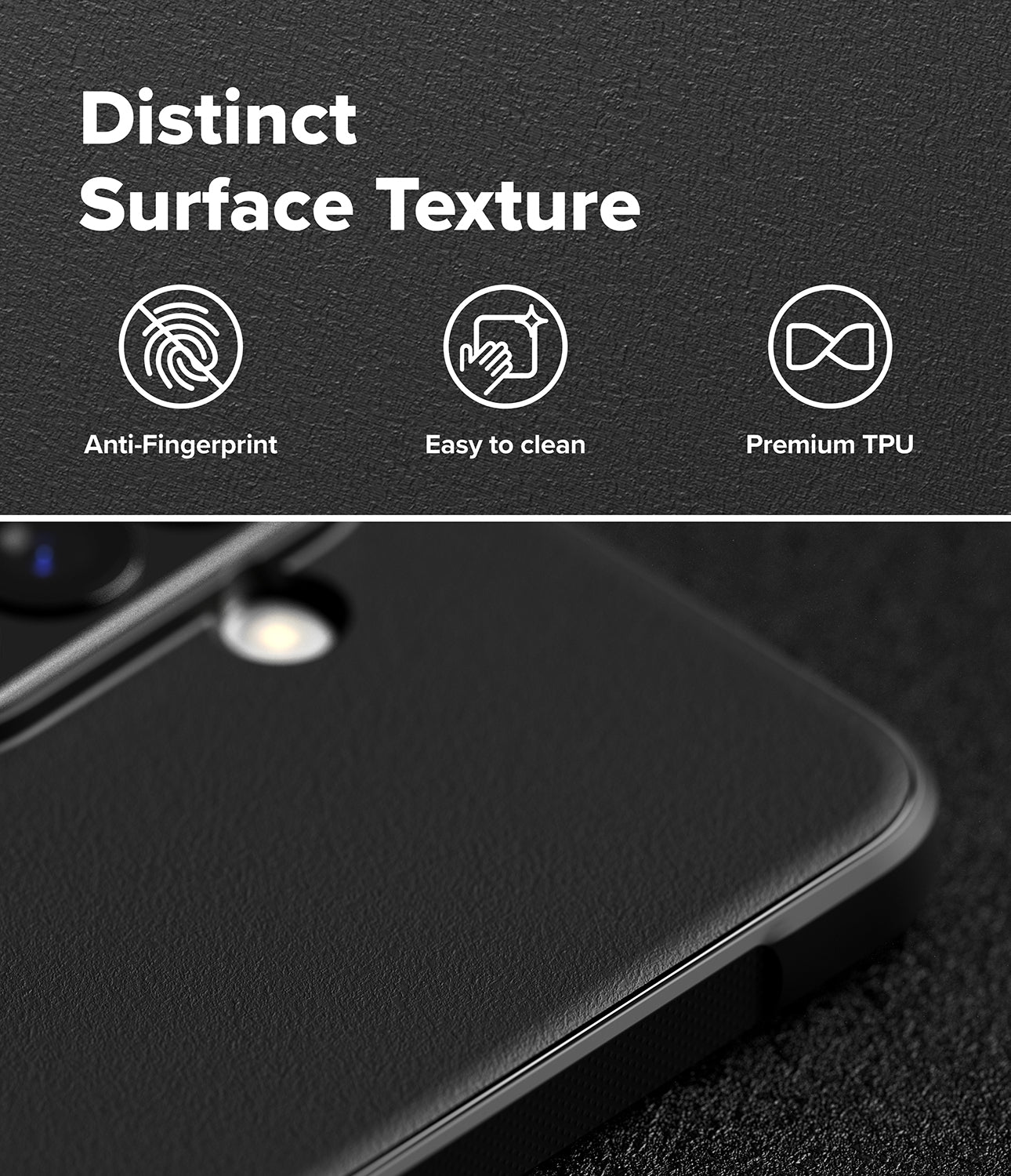 Galaxy A57 5G Case | Onyx - Close-up of black phone case with text highlighting anti-fingerprint, easy-to-clean, and premium TPU features.