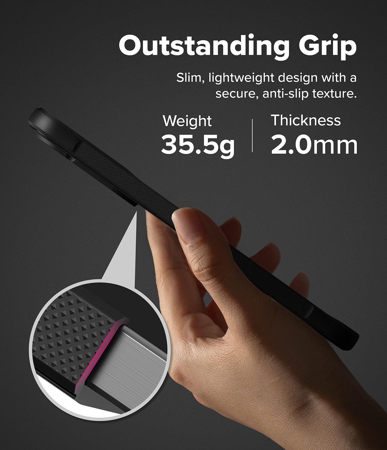 Galaxy A57 5G Case | Onyx - Hand holding a slim black phone case with a textured anti-slip grip, showing weight and thickness.