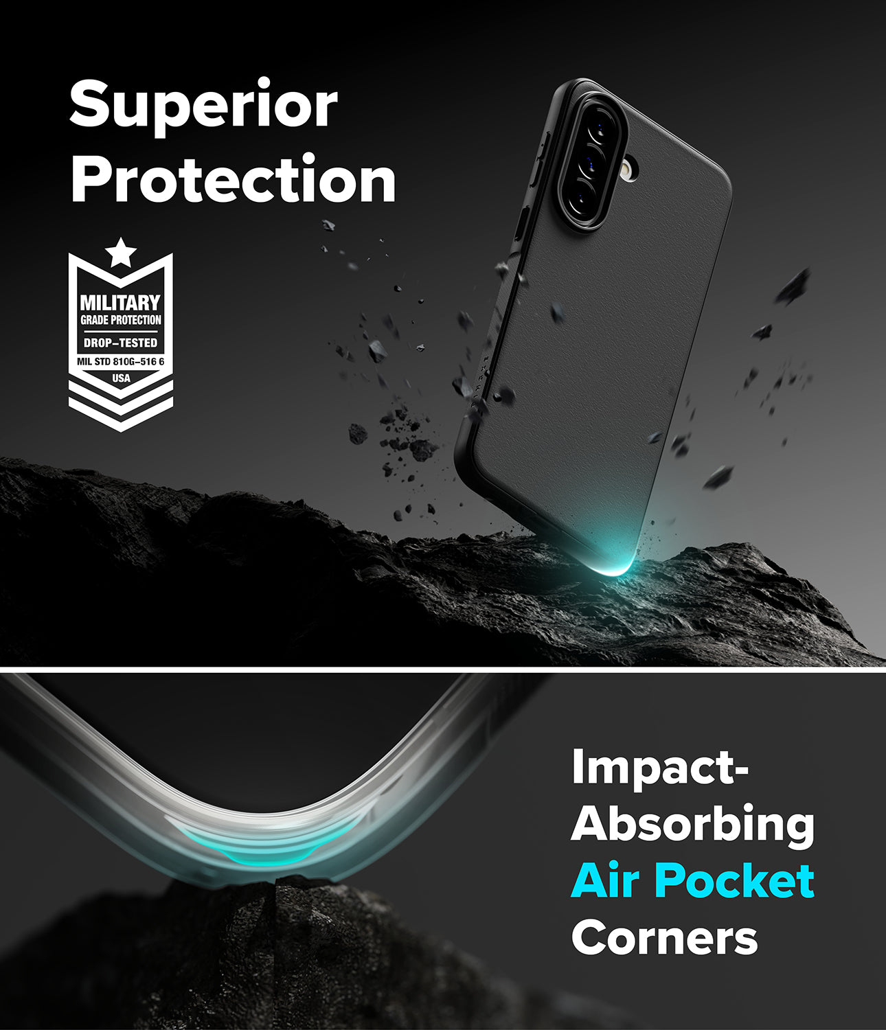 Galaxy A57 5G Case | Onyx - Black phone case with military-grade protection, debris, and air-pocket corner detail.