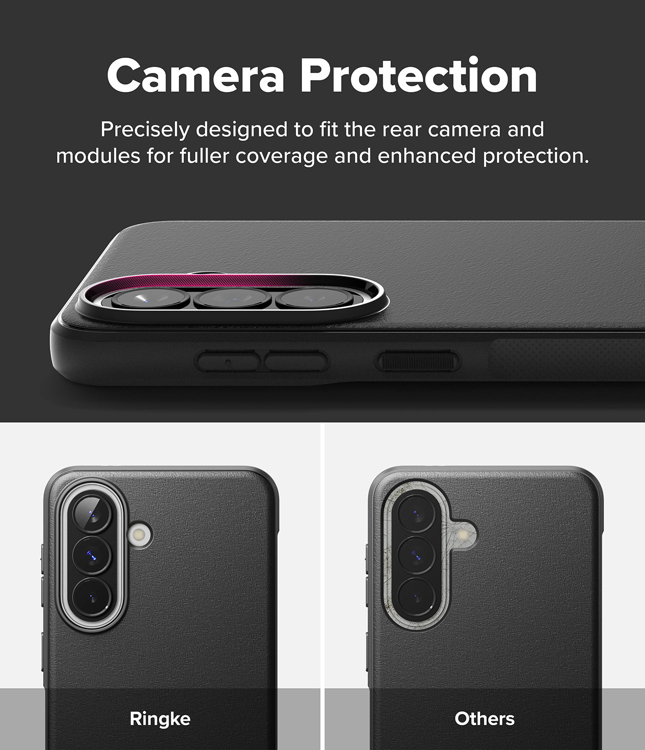 Galaxy A57 5G Case | Onyx - Comparison showing the Onyx case's raised camera bezel protection versus a standard flat case.