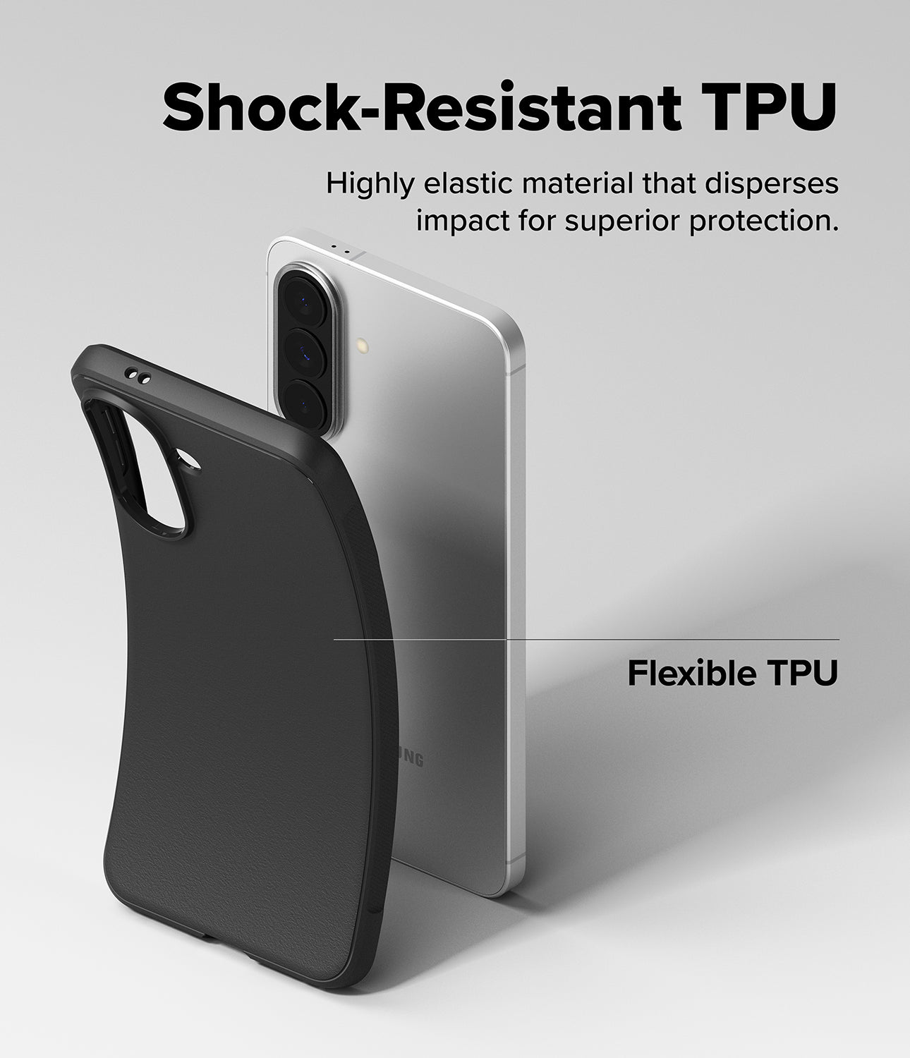 Galaxy A57 5G Case | Onyx - A flexible black TPU phone case being pulled away from a silver smartphone to show elasticity.