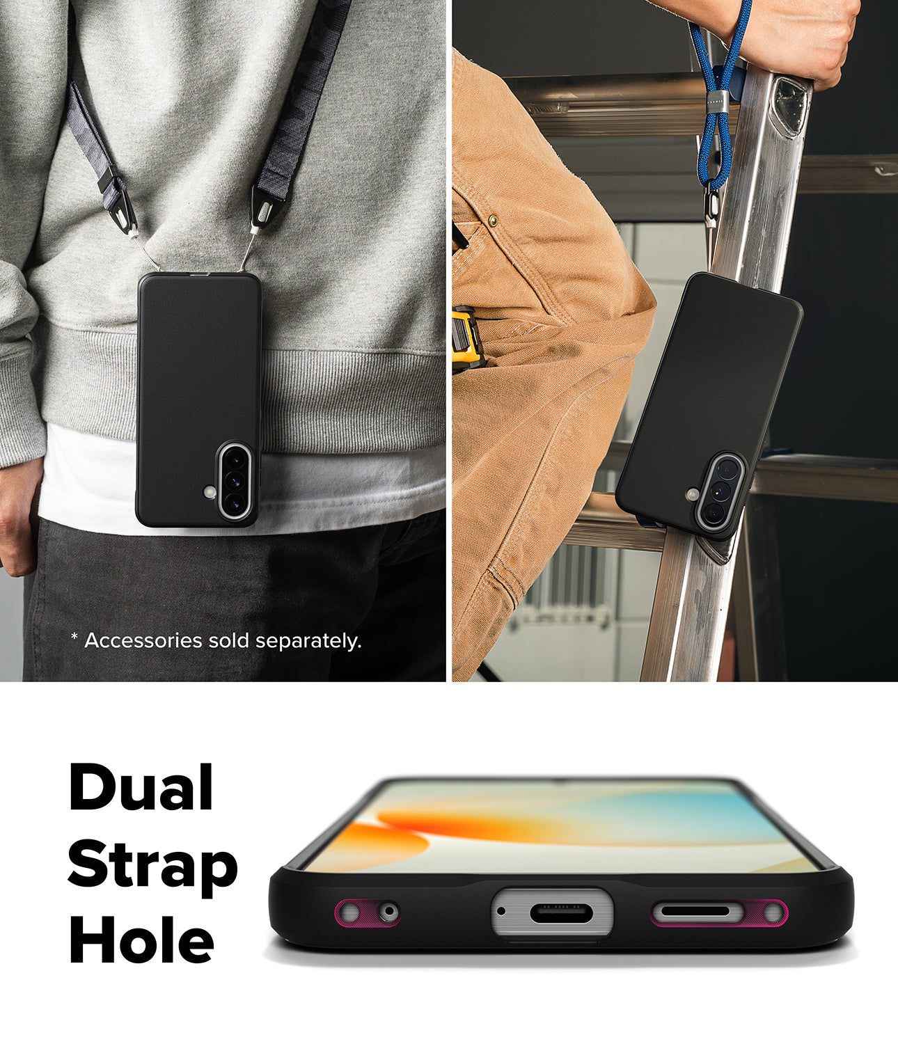 Galaxy A57 5G Case | Onyx - Black phone case with dual strap holes shown worn with lanyards and from the bottom view.