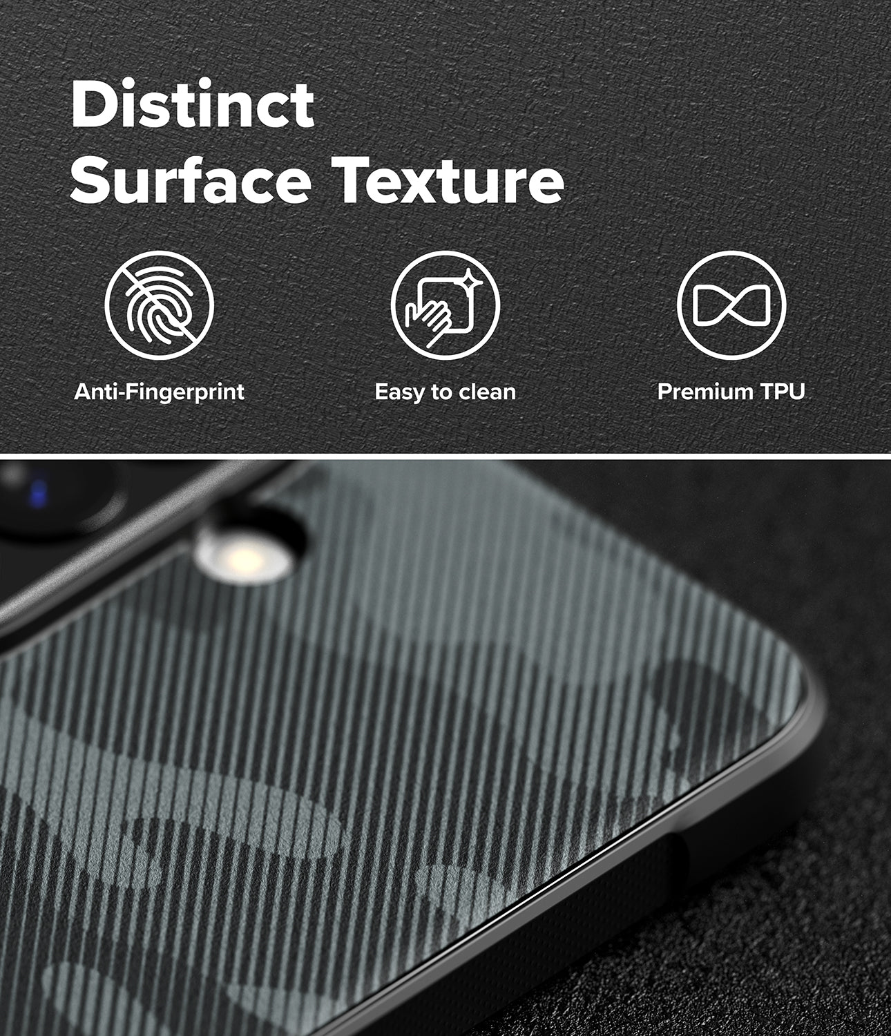 Galaxy A57 5G Case | Onyx - Close-up of a textured black phone case with icons highlighting anti-fingerprint and easy-clean features.