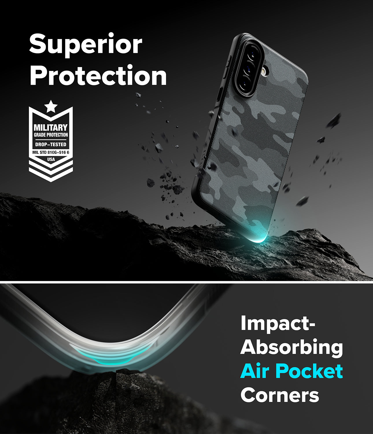 Galaxy A57 5G Case | Onyx - Camo phone case hovering over dark rock with military-grade protection and air pocket corner details.