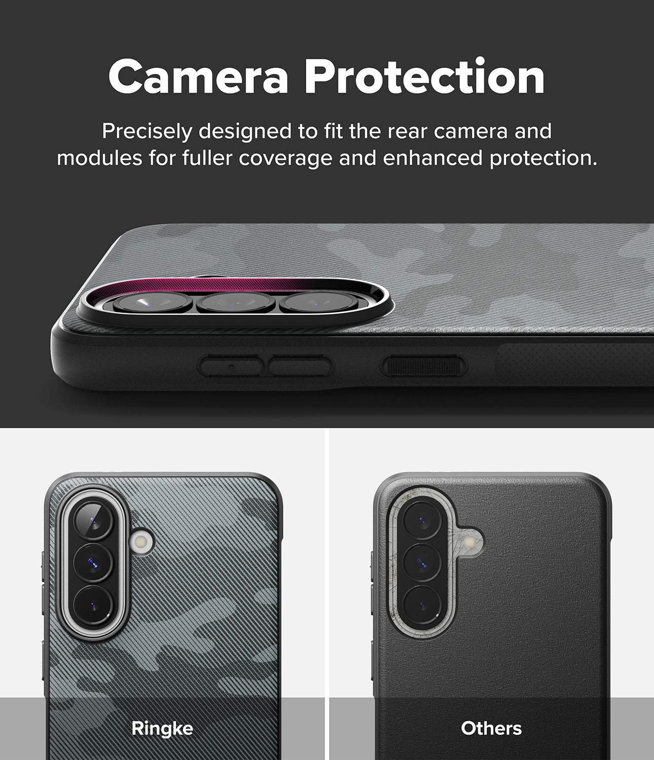 Galaxy A57 5G Case | Onyx - Close-up of phone case camera protection showing precise fit compared to standard cases.