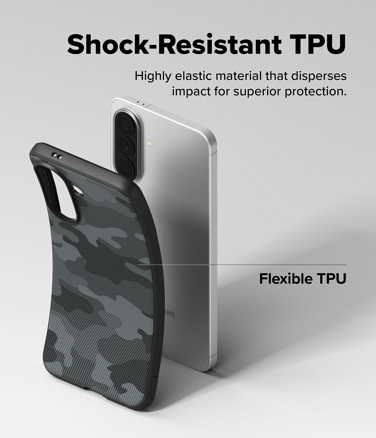 Galaxy A57 5G Case | Onyx - A flexible, camo-patterned TPU phone case being pulled away from a silver smartphone.
