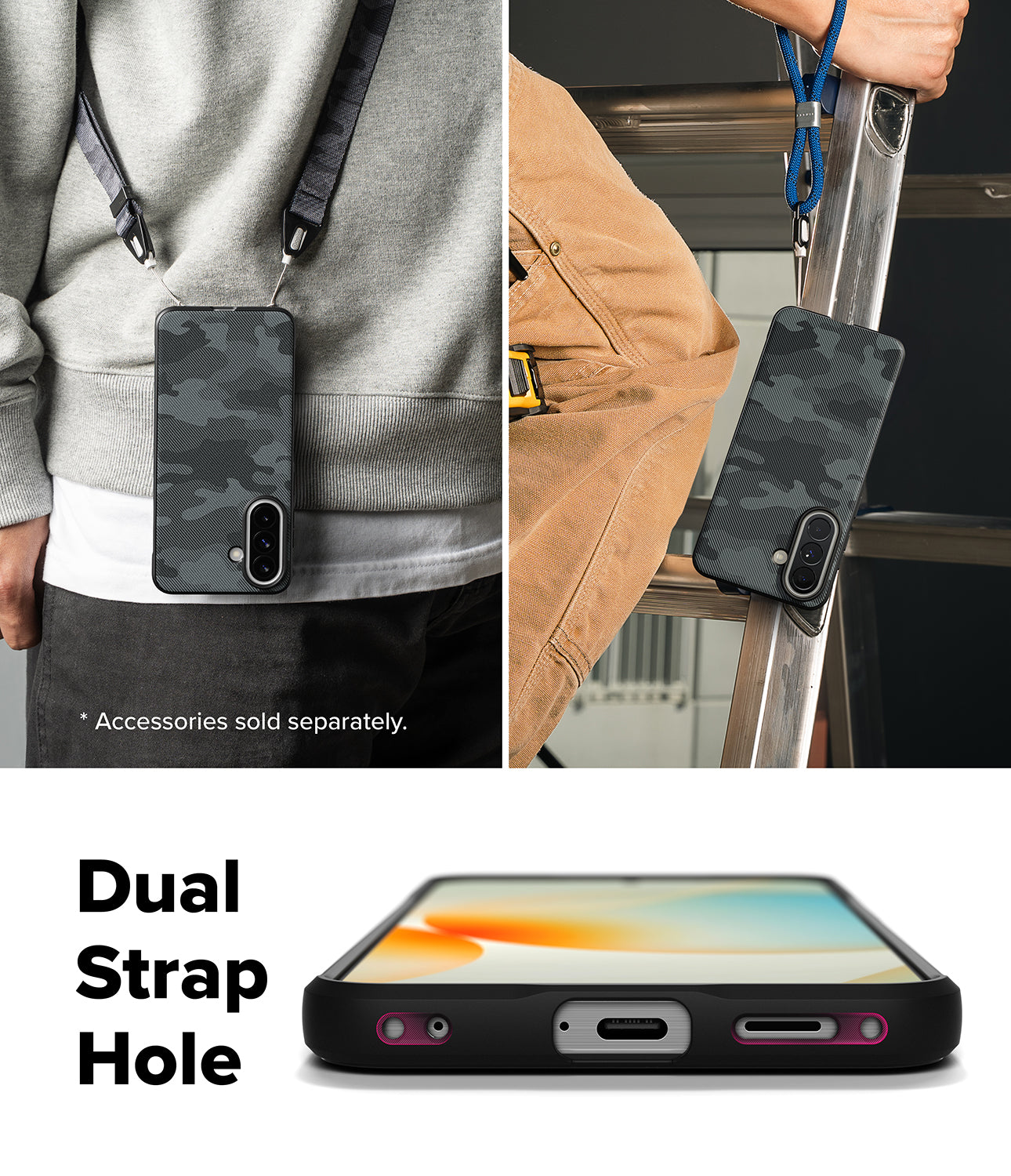 Galaxy A57 5G Case | Onyx - Black camo phone case shown worn with straps and highlighting the dual strap hole design.