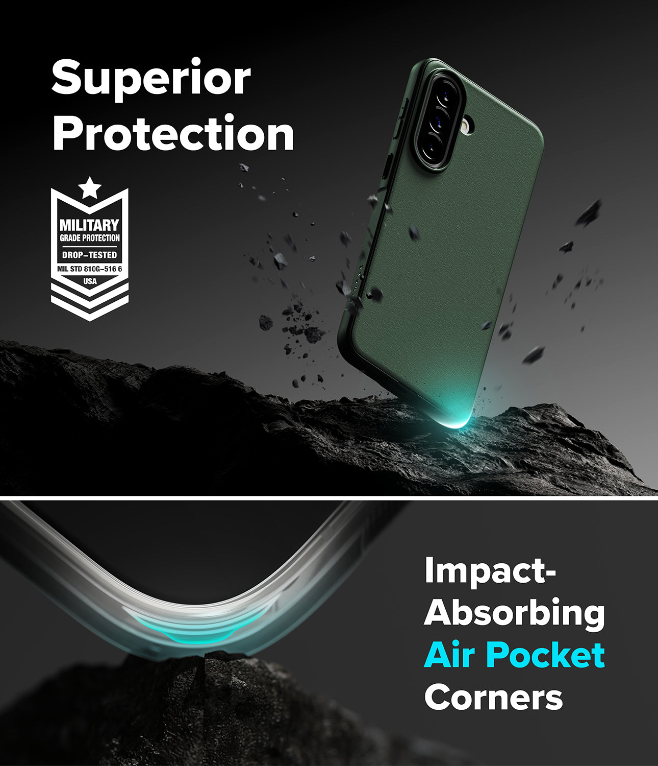 Galaxy A57 5G Case | Onyx - Dark green phone case with military-grade protection and air-pocket corners on rocky terrain.