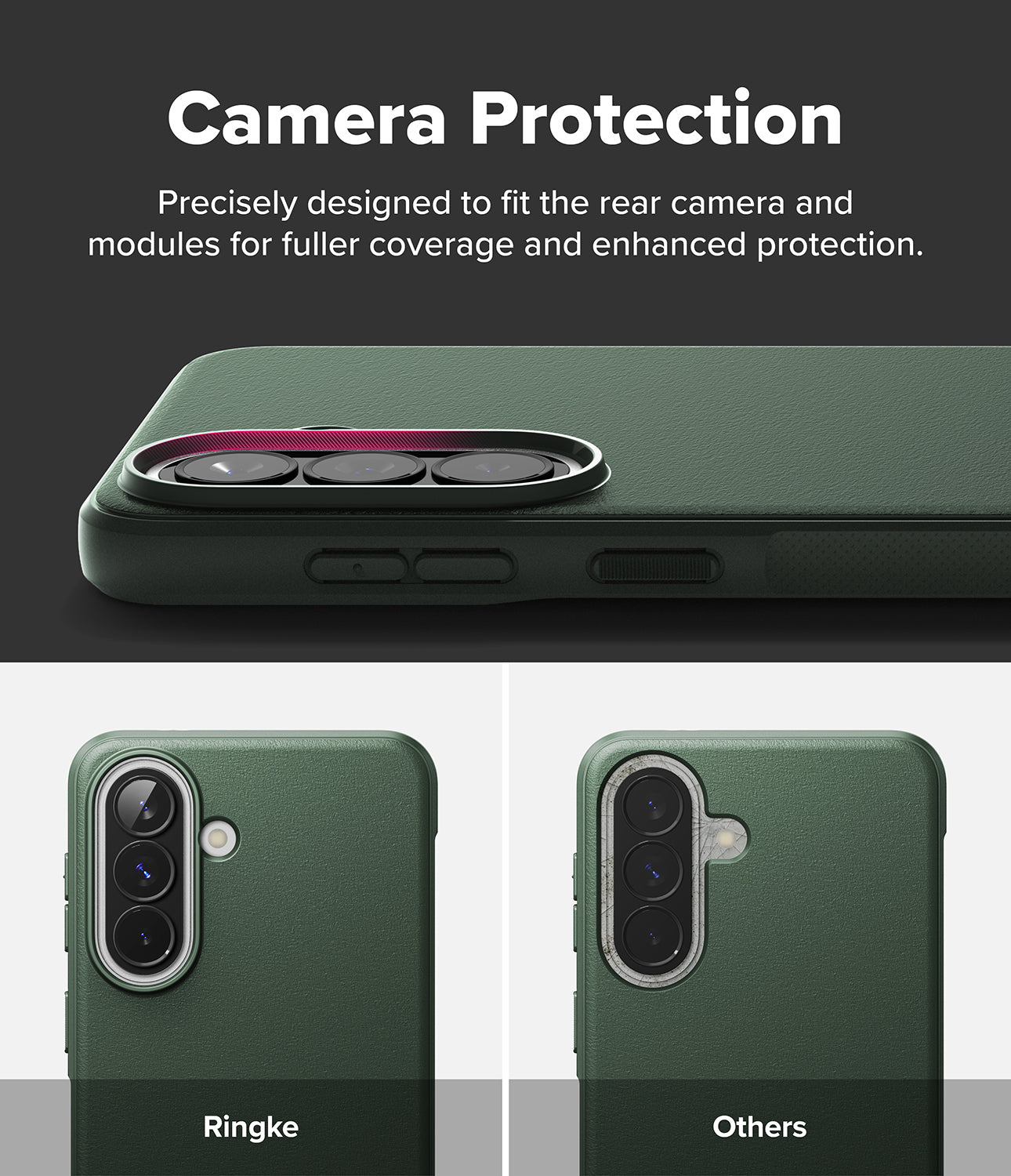 Galaxy A57 5G Case | Onyx - Comparison showing Ringke case camera coverage versus a standard case with exposed areas.