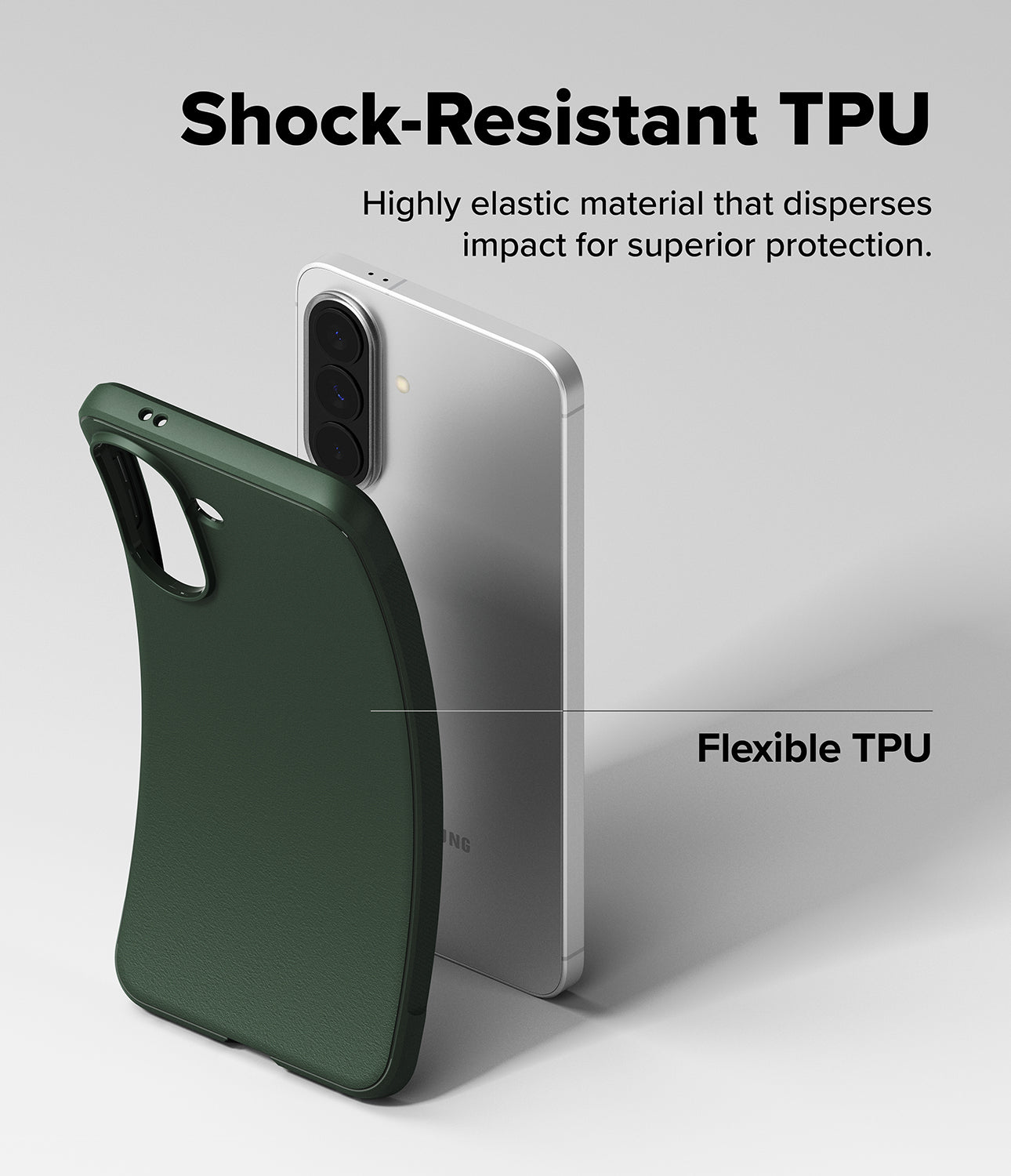 Galaxy A57 5G Case | Onyx - A flexible dark green TPU phone case being pulled away from a silver Galaxy A57 5G smartphone.