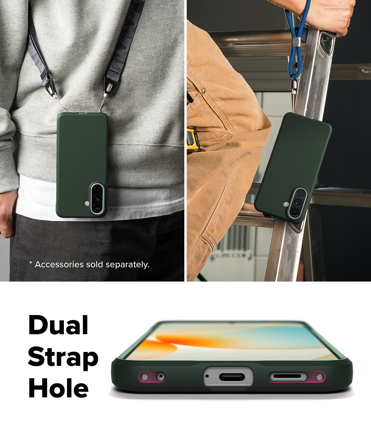 Galaxy A57 5G Case | Onyx - Dark green phone case shown worn with straps and highlighting the dual strap hole design.