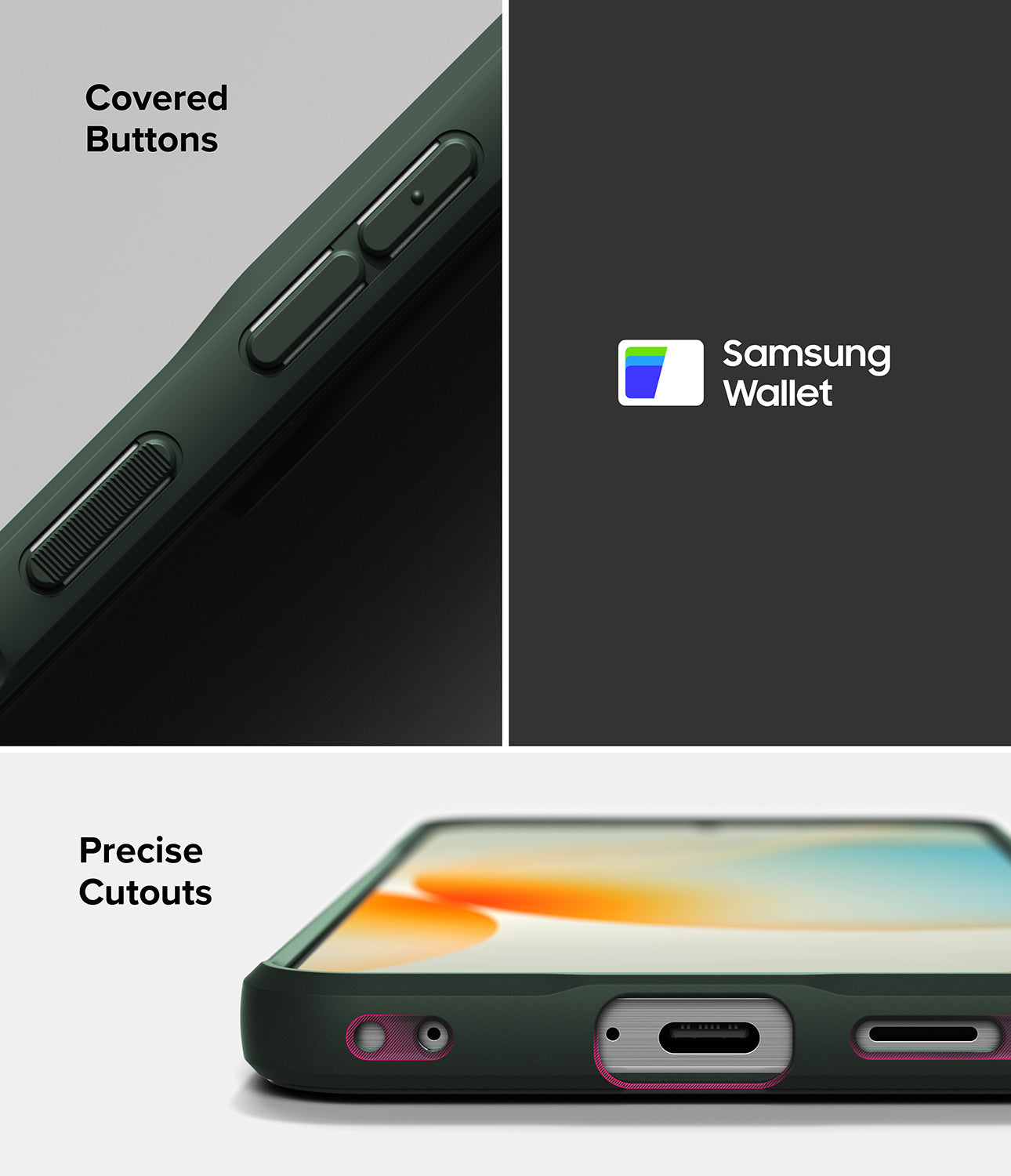 Galaxy A57 5G Case | Onyx - Close-up of dark green phone case showing covered buttons, Samsung Wallet compatibility, and precise port cutouts.