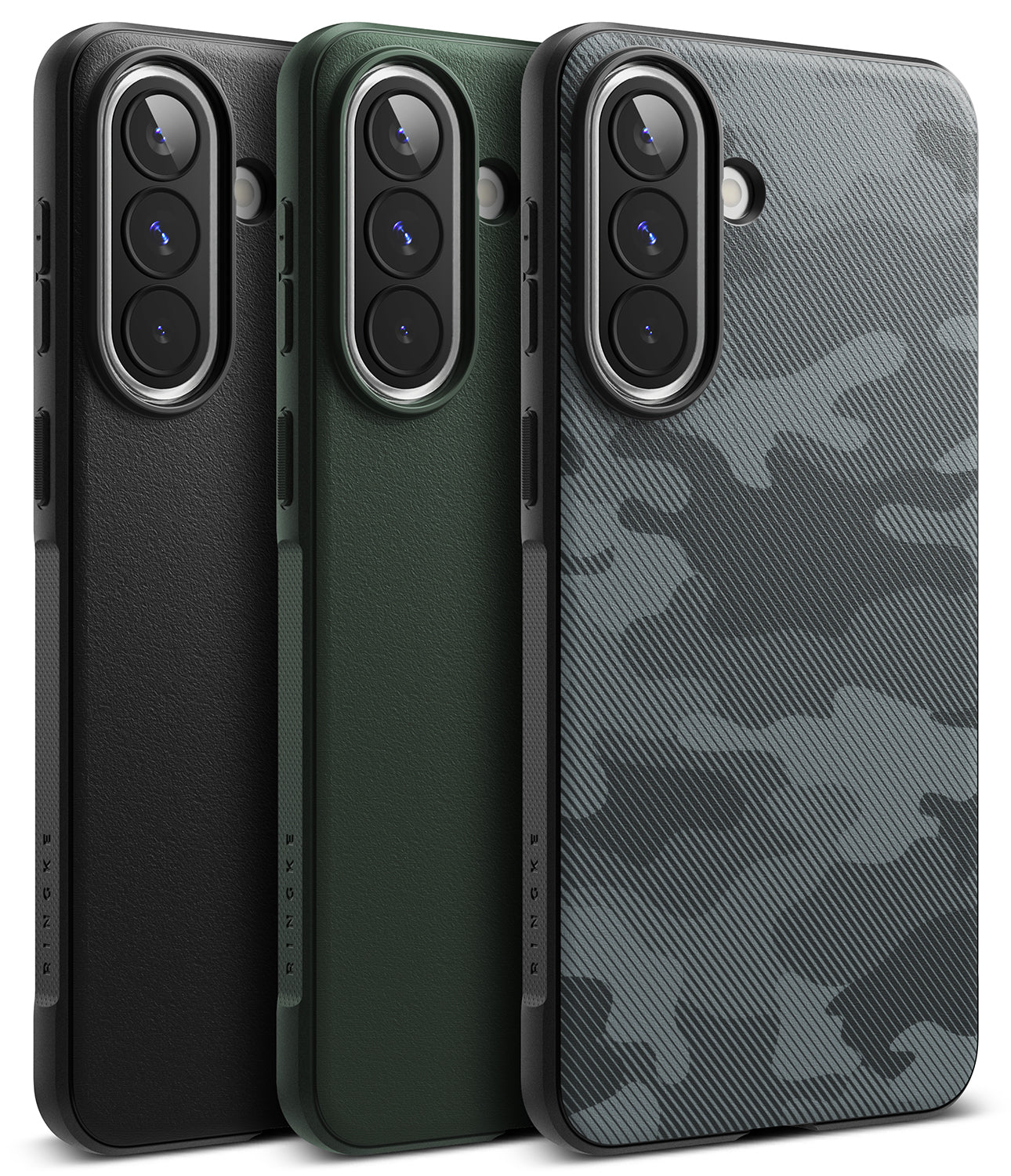 Galaxy A57 5G Case | Onyx - Three phone cases in black, dark green, and grey camouflage, showing back camera cutouts.