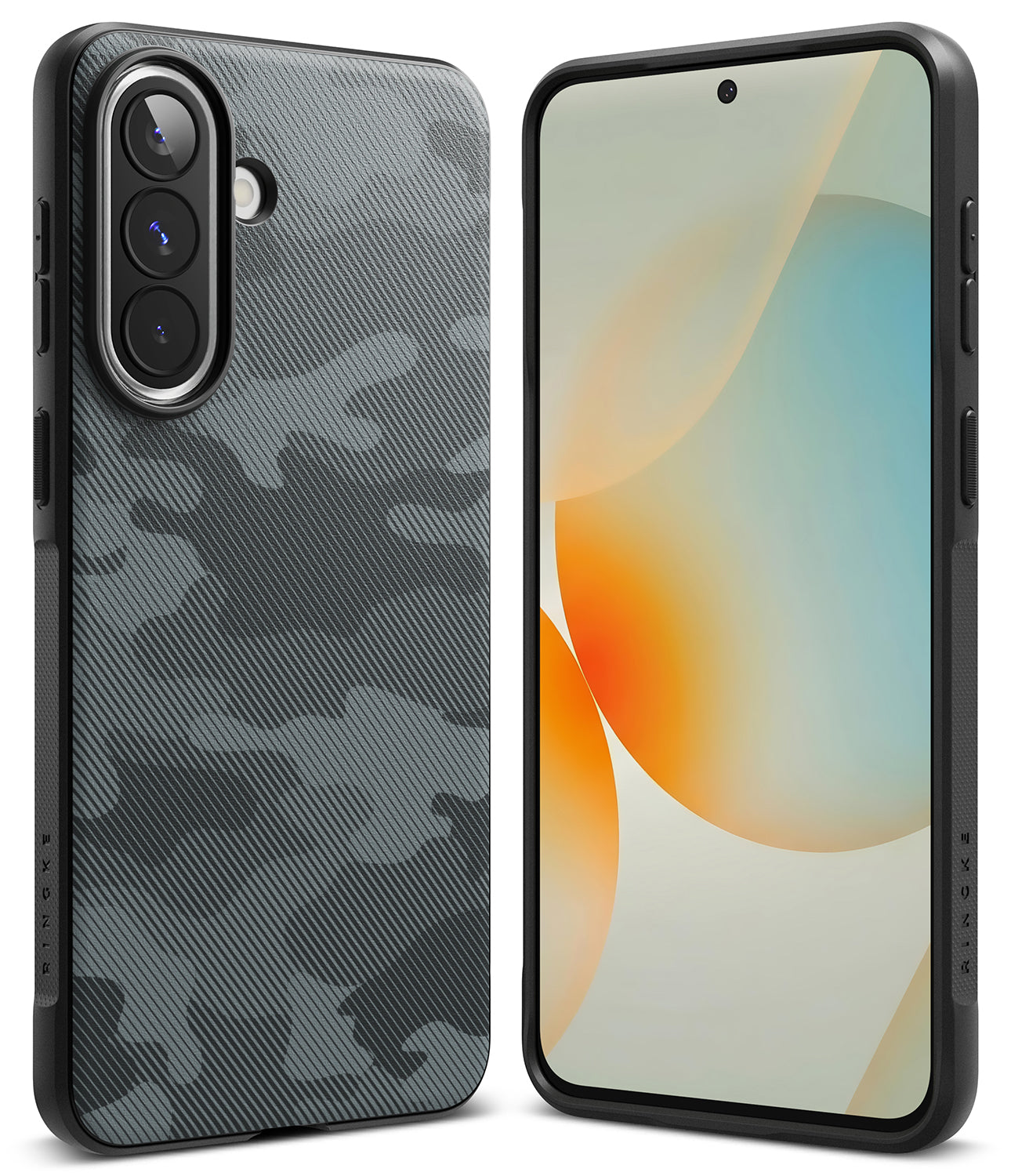 Galaxy A57 5G Case | Onyx - Black phone case with a textured grey camouflage pattern shown from front and back angles.
