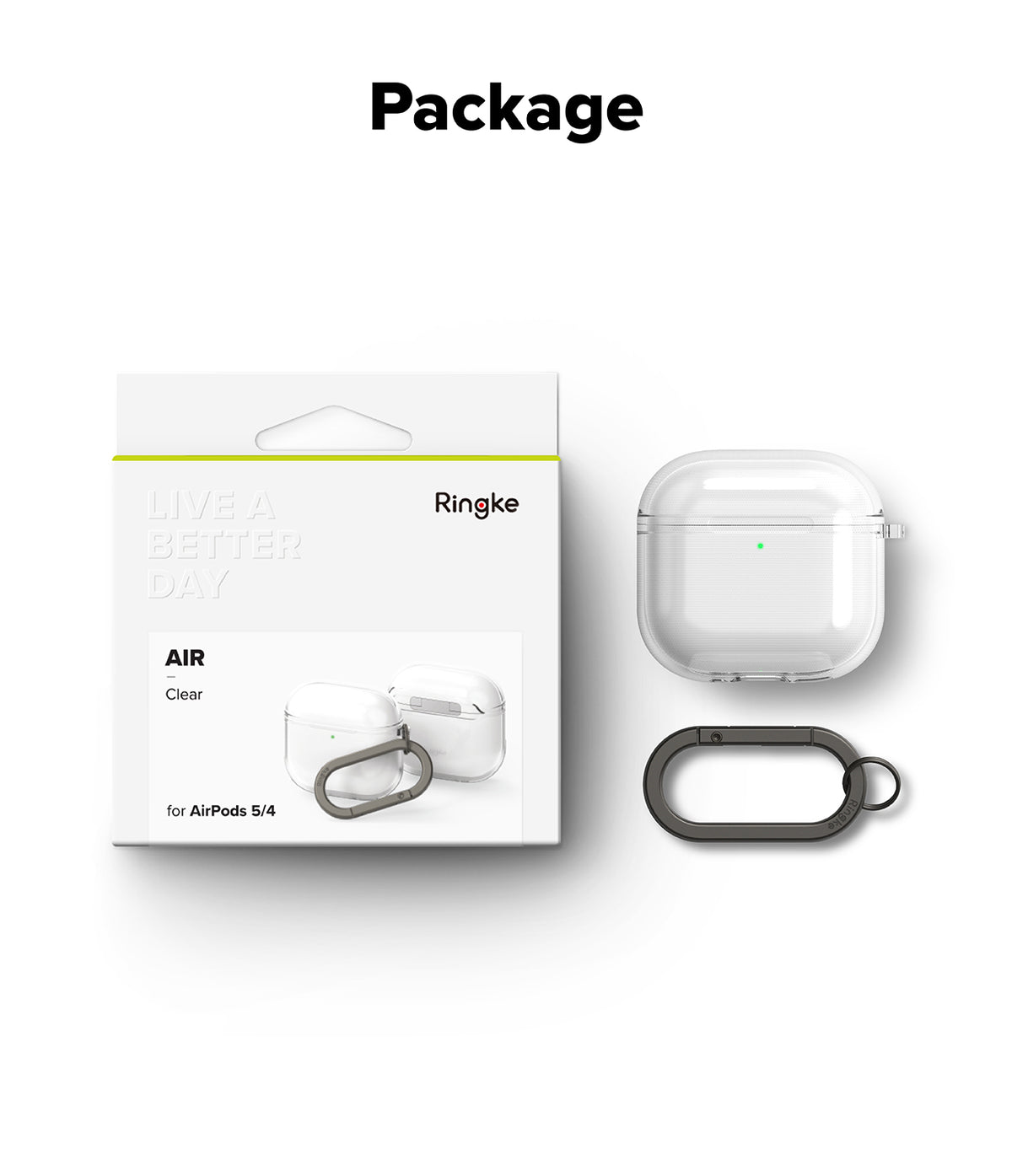 AirPods 5 / 4 Case | Air - Clear protective case for AirPods 4 with a dark grey carabiner, shown with its retail packaging.