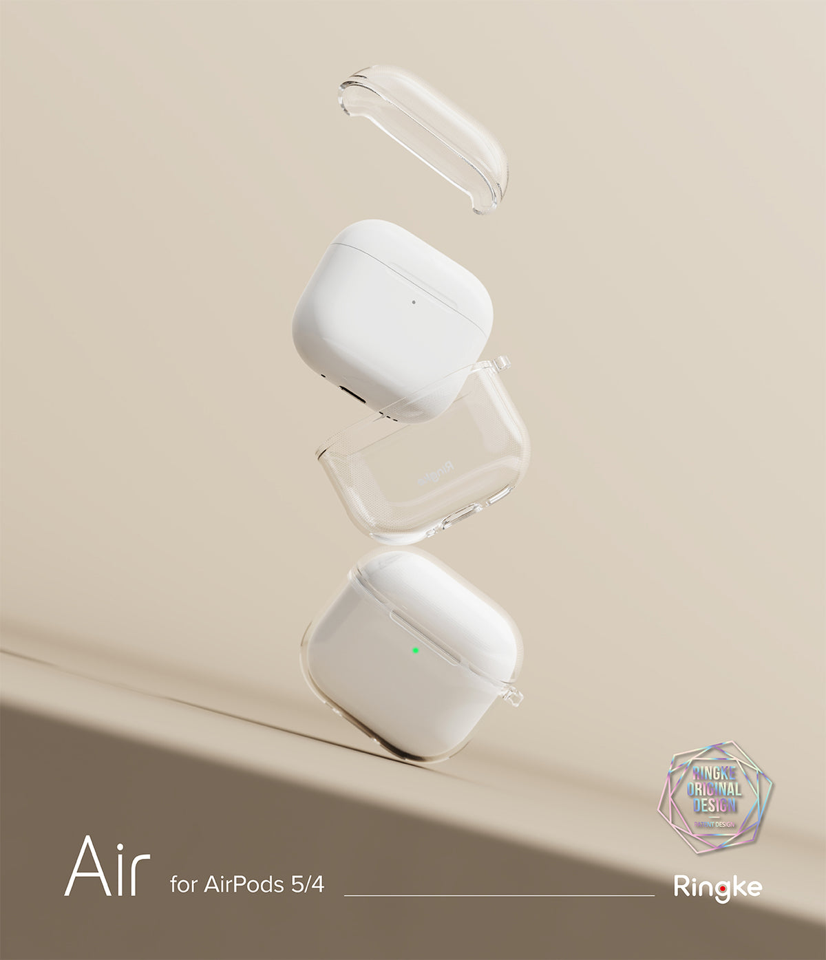 AirPods 5 / 4 Case | Air - Clear protective case components floating around white AirPods 4 against a beige background.