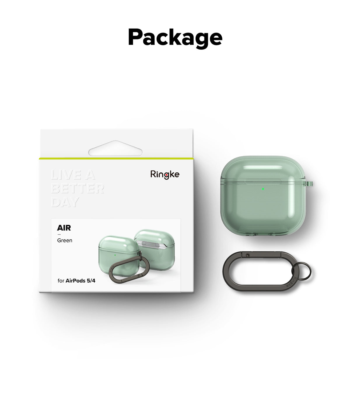 AirPods 5 / 4 Case | Air - Green AirPods 4 case, retail packaging, and a black carabiner on a white background.