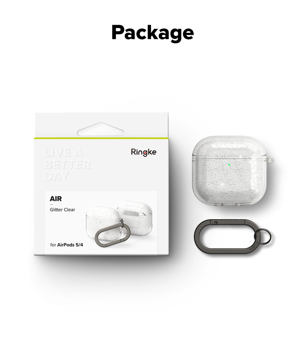AirPods 5 / 4 Case | Air - Ringke glitter clear case for AirPods 4 with a dark gray carabiner, shown in packaging and loose.