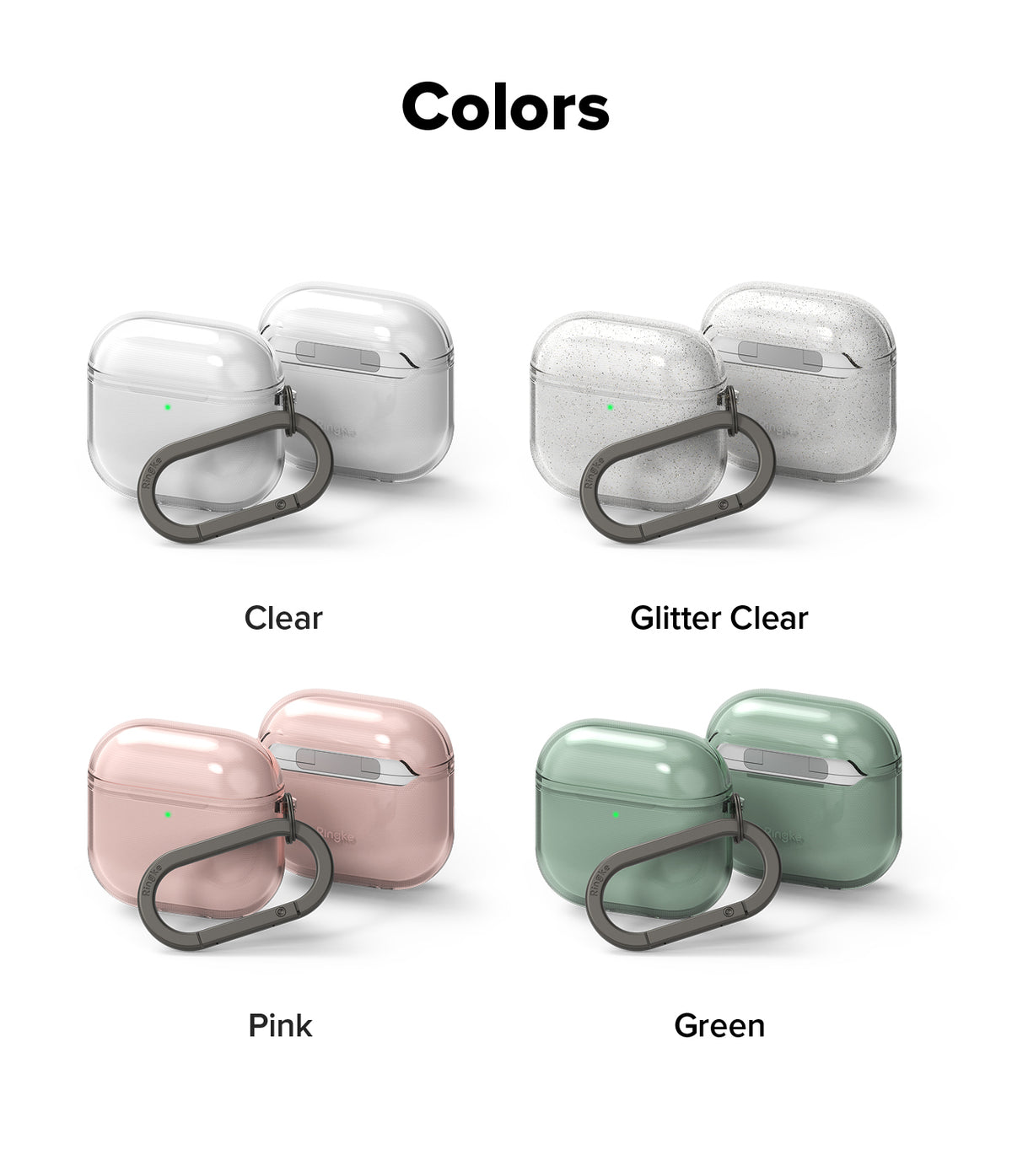 AirPods 5 / 4 Case | Air - Four color options for AirPods 4 cases with carabiners: clear, glitter clear, pink, and green.