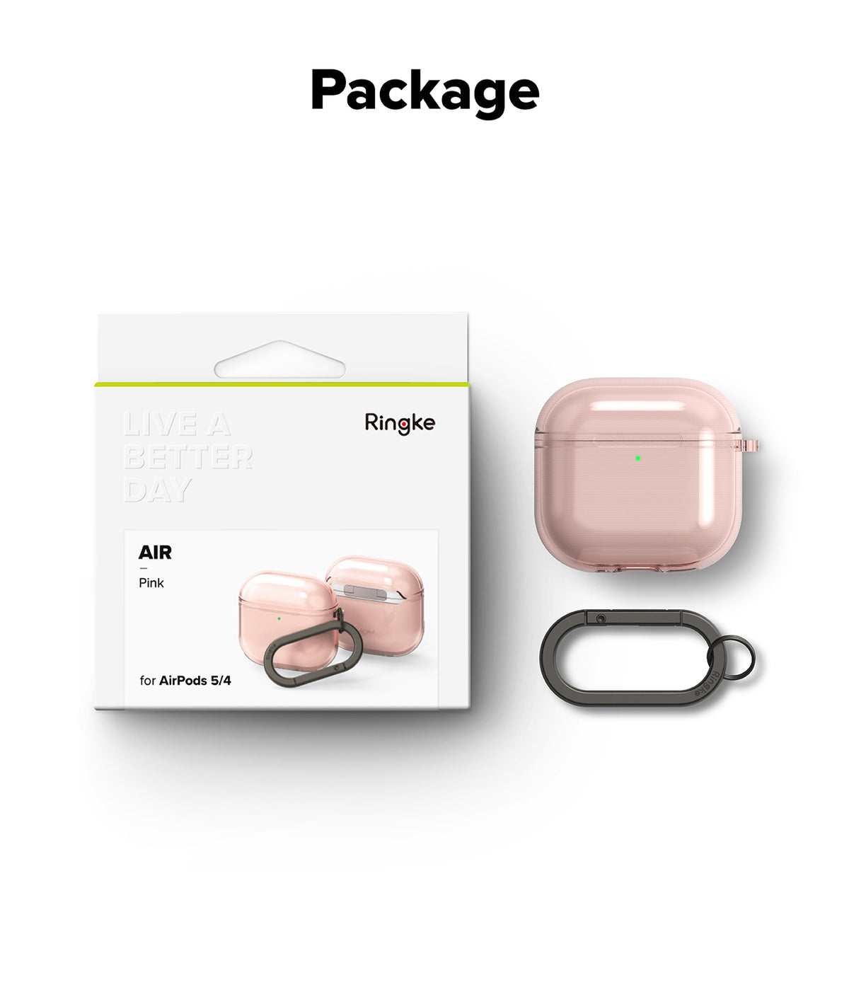 AirPods 5 / 4 Case | Air - Pink Ringke Air case for AirPods 4 with a black carabiner next to its retail packaging.