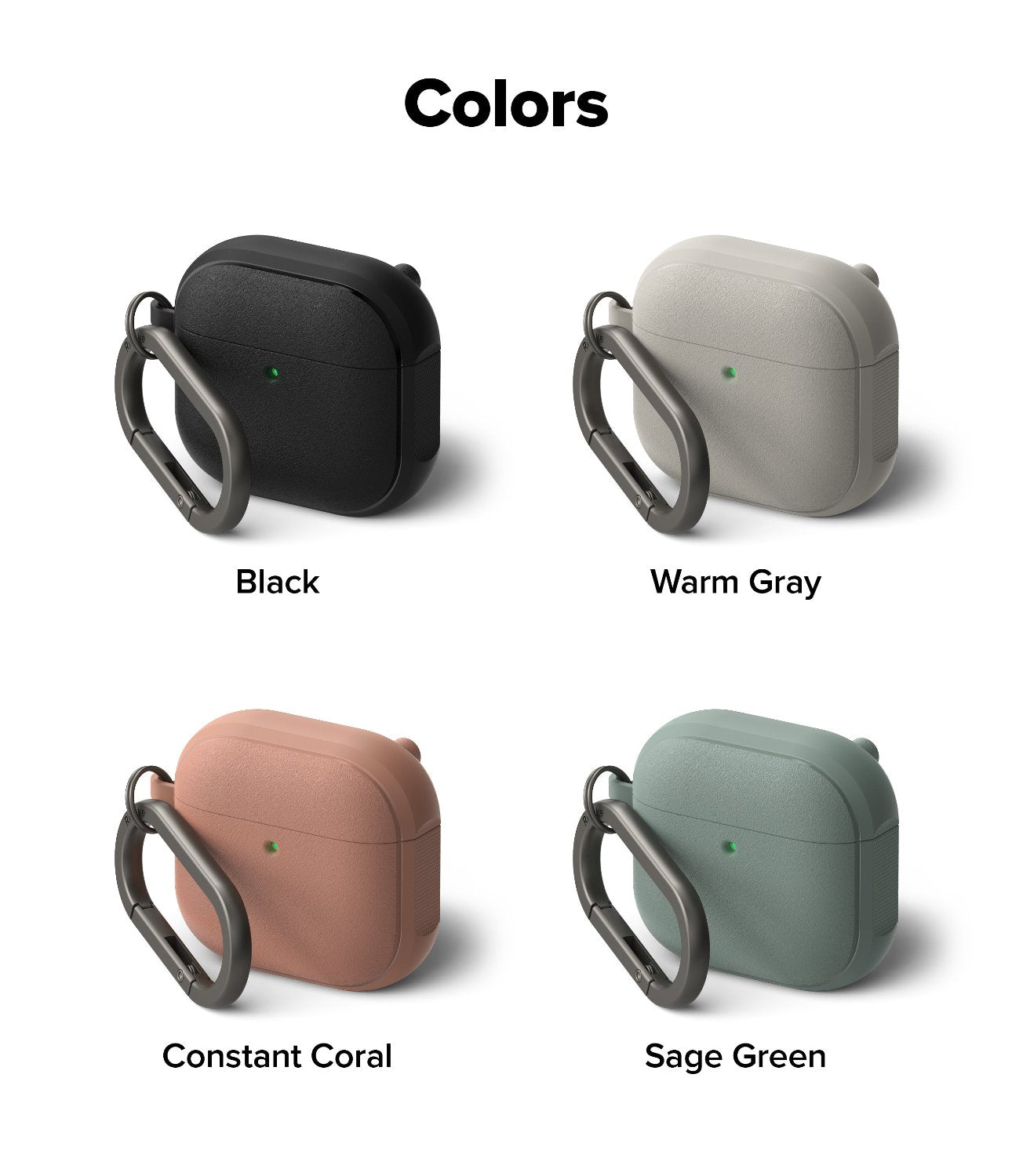AirPods 4 Case | Onyx Magnetic - Four AirPods 4 cases with carabiners in black, warm gray, coral, and sage green.
