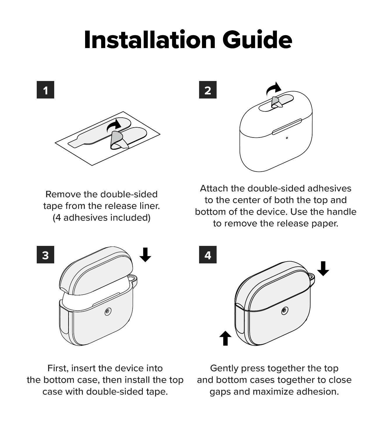 AirPods 4 Case | Onyx Magnetic - Four-step line art illustration showing how to apply adhesive strips and install the protective case.