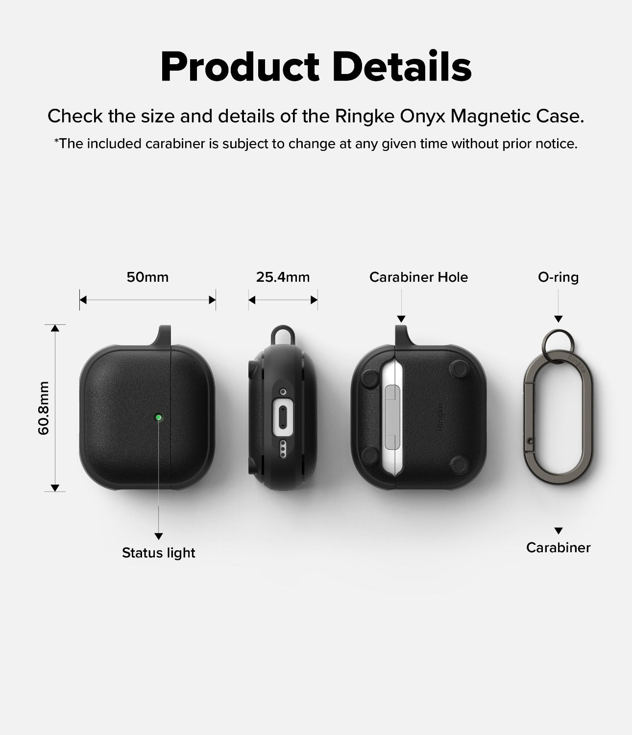 AirPods 4 Case | Onyx Magnetic - Technical diagram showing dimensions and features of the black protective case and carabiner.