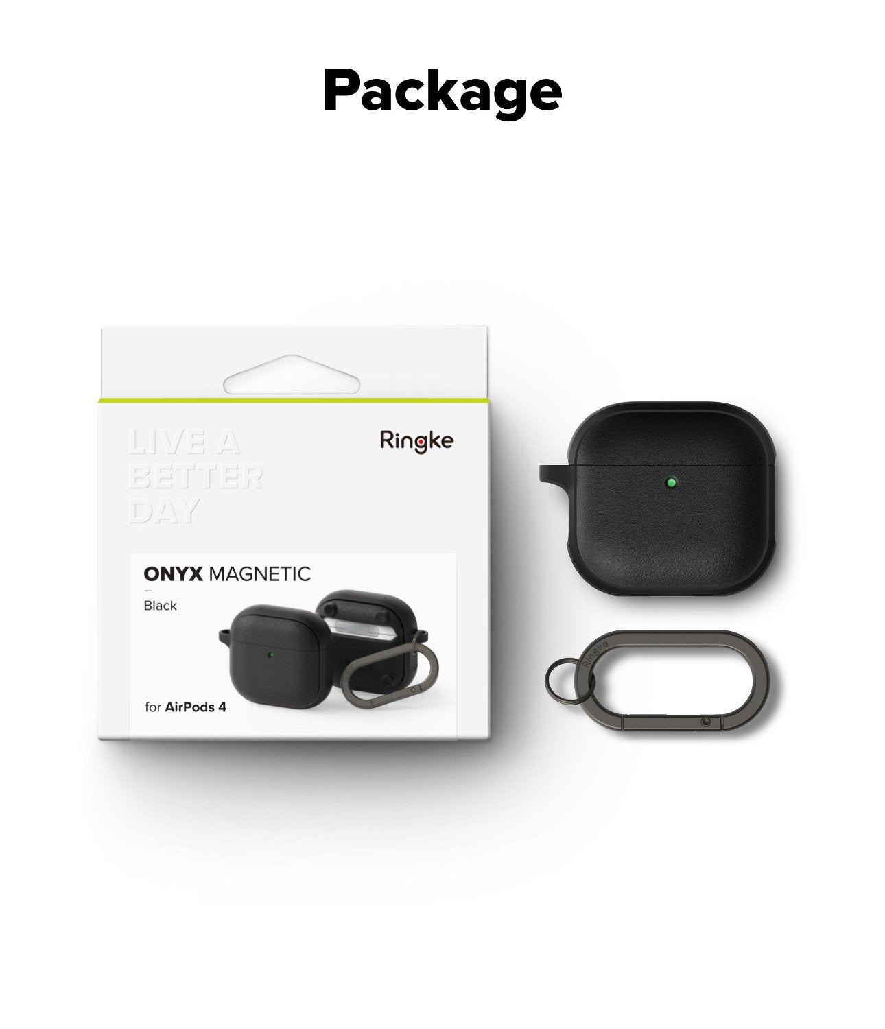 AirPods 4 Case | Onyx Magnetic - Black protective case for AirPods 4 with a matching carabiner next to its retail packaging.