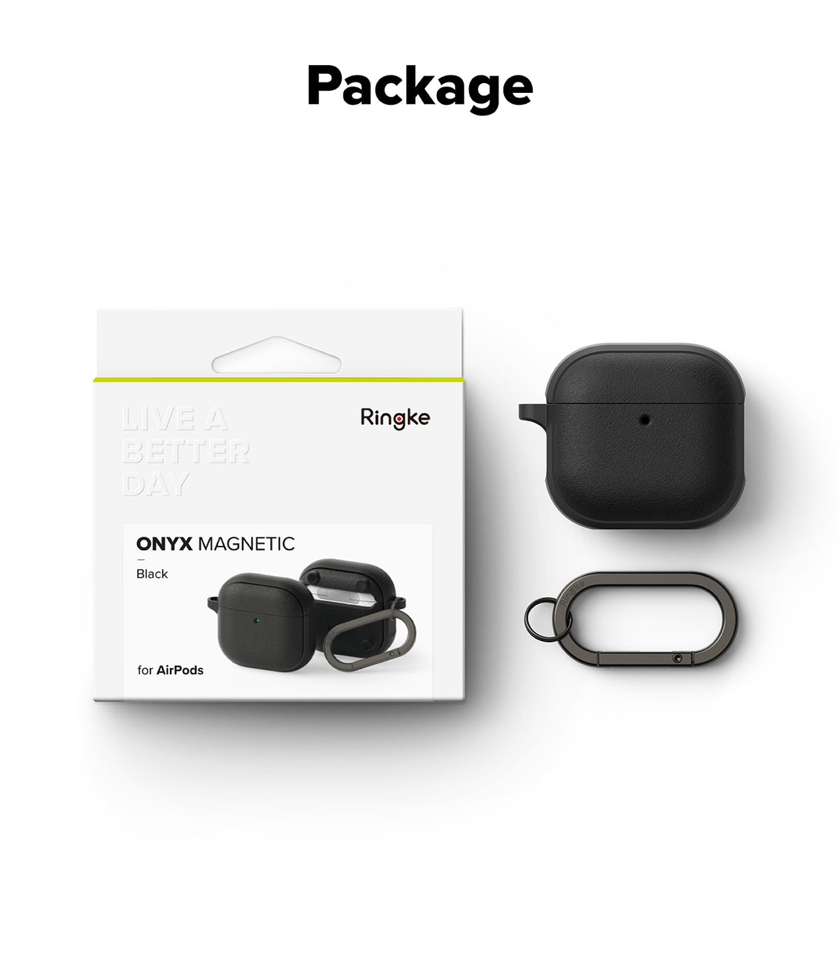 AirPods 5 / 4 Case | Onyx Magnetic - Black protective case for AirPods 4 with a matching carabiner next to its retail packaging.