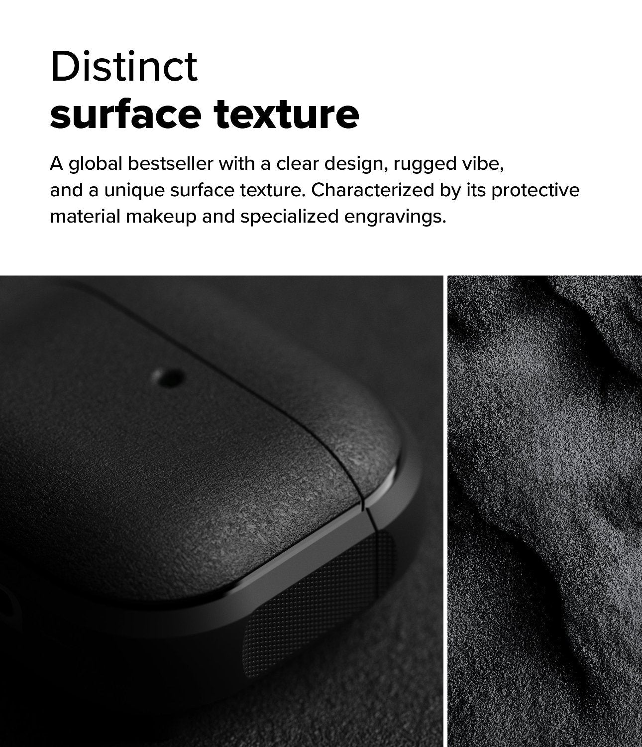 AirPods 4 Case | Onyx Magnetic - Close-up of a black, textured AirPods case next to a zoomed-in view of its rugged surface.