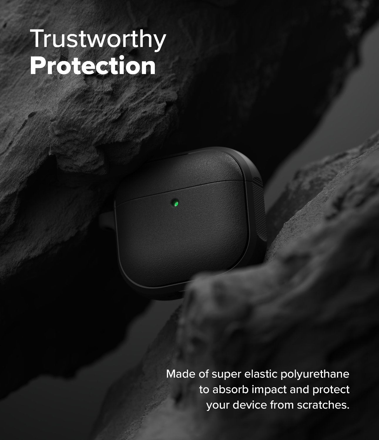 AirPods 4 Case | Onyx Magnetic - Black AirPods 4 case with a glowing green light nestled between dark, rugged rock formations.