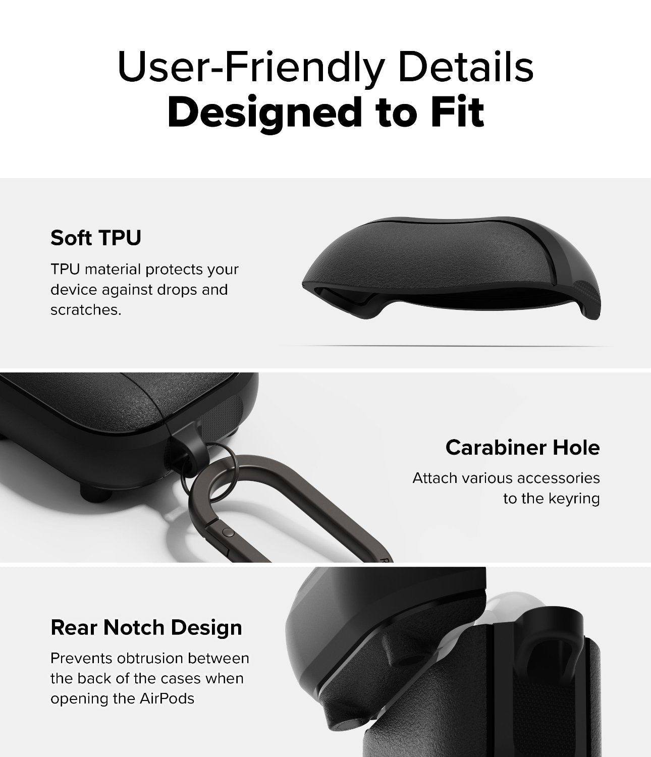 AirPods 4 Case | Onyx Magnetic - Infographic showing soft TPU material, carabiner hole, and rear notch design for the case.