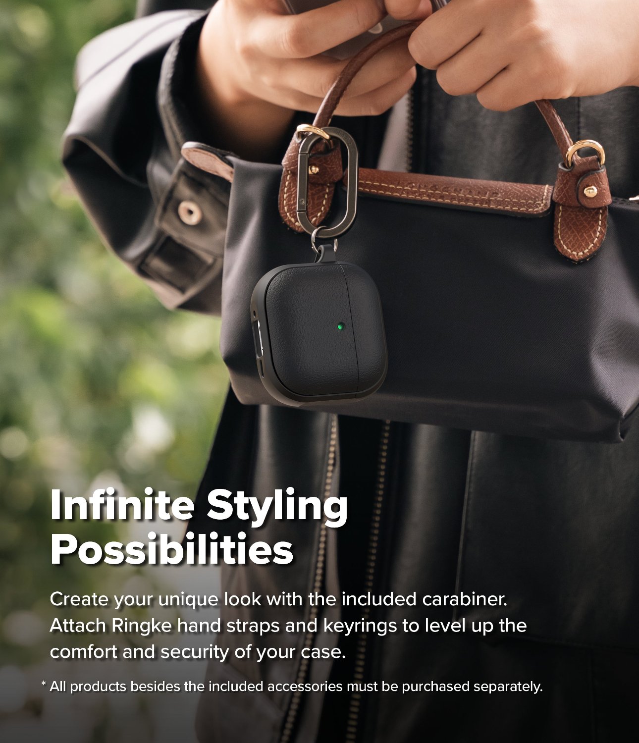 AirPods 4 Case | Onyx Magnetic - Black leather AirPods 4 case with a carabiner clipped to a black handbag handle.