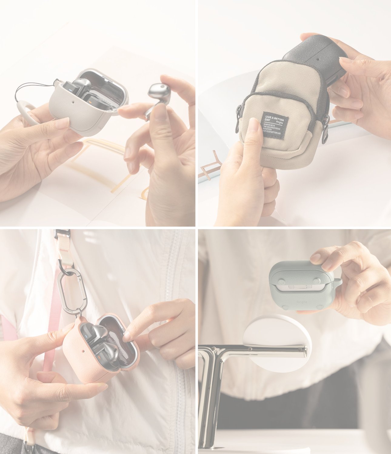 AirPods 4 Case | Onyx Magnetic - Four-panel collage showing AirPods 4 cases being held, stored in a pouch, and used with a charger.