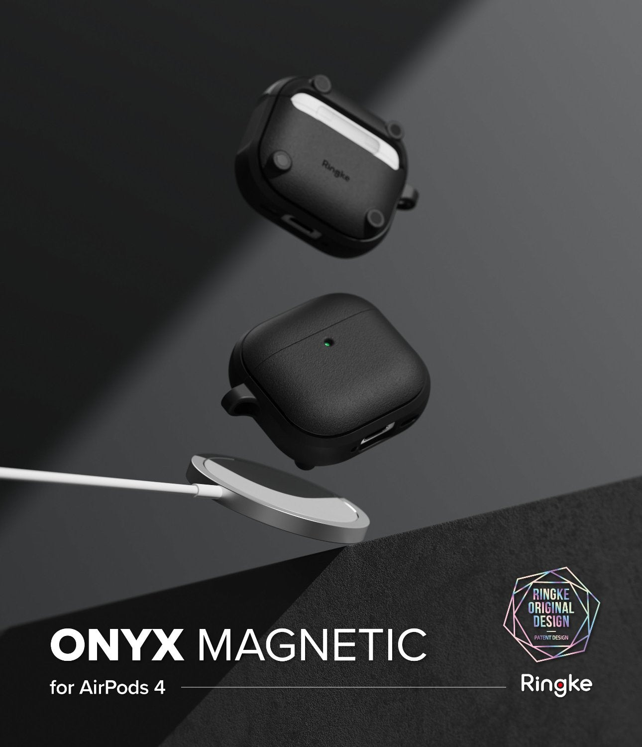 AirPods 4 Case | Onyx Magnetic - Two black matte AirPods 4 cases floating above a magnetic wireless charger on a dark background.
