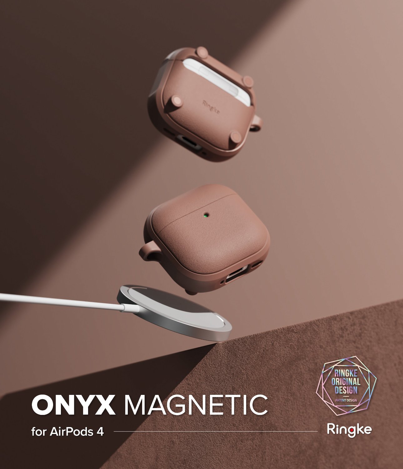 AirPods 4 Case | Onyx Magnetic - Two brown AirPods 4 cases floating above a magnetic wireless charger on a brown surface.