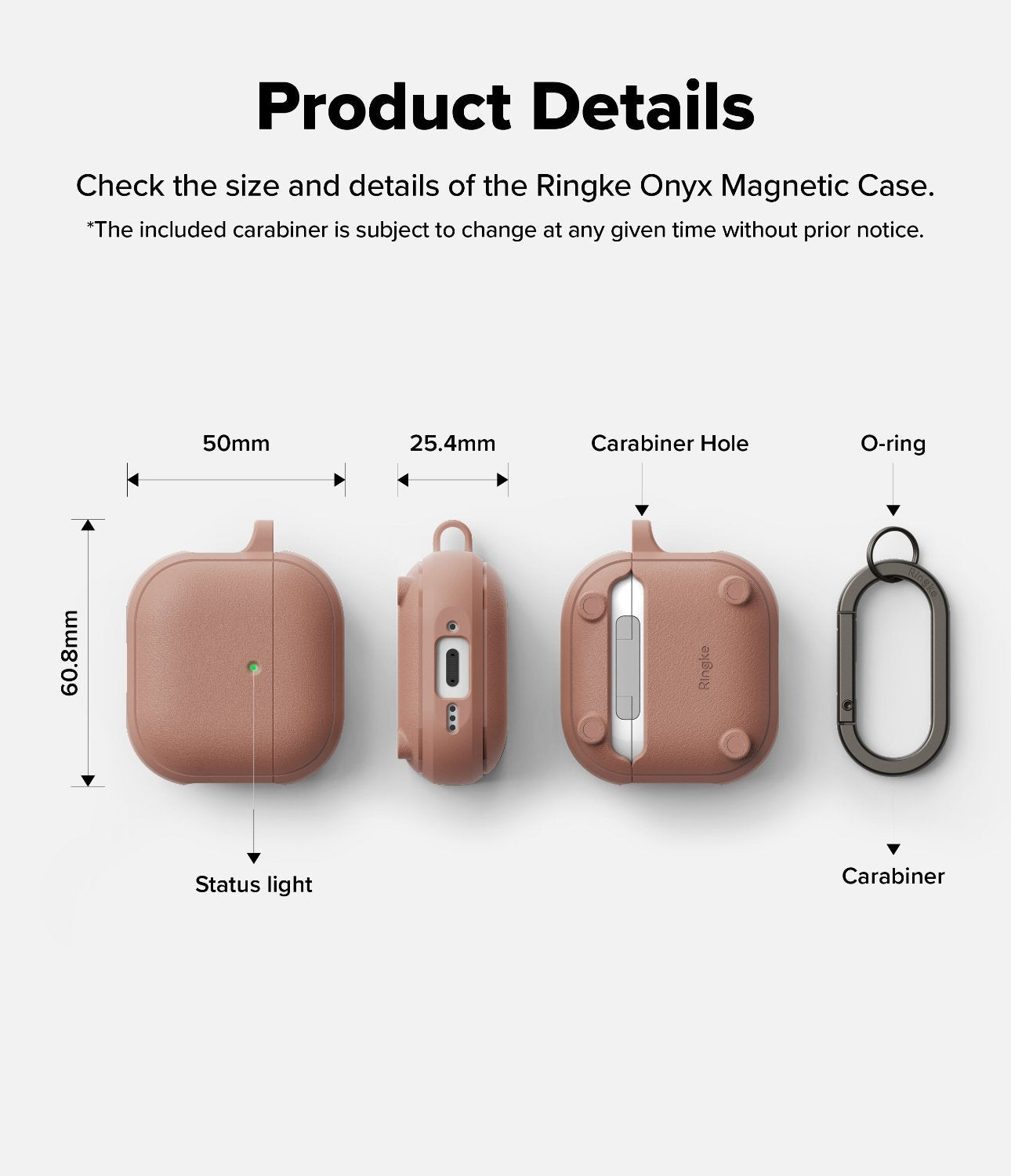 AirPods 4 Case | Onyx Magnetic - Technical diagram showing dimensions, status light, carabiner hole, and included carabiner.