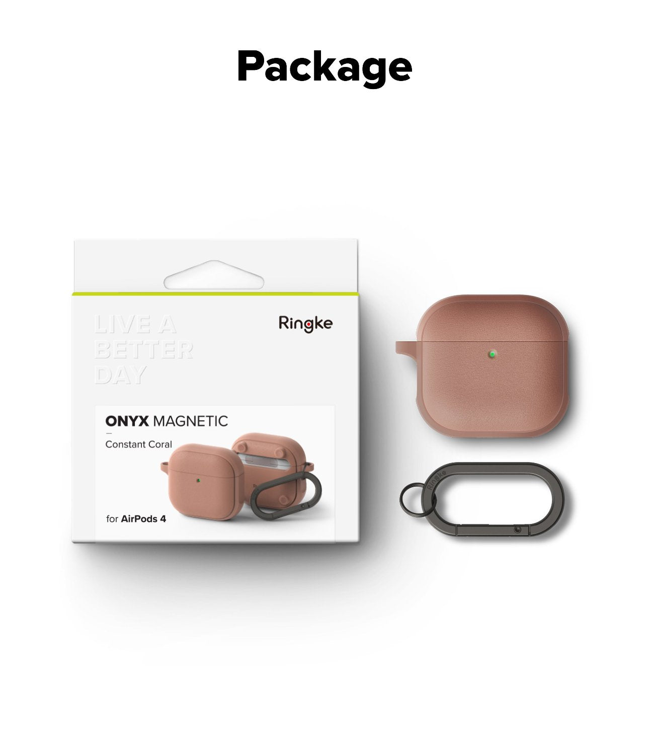 AirPods 4 Case | Onyx Magnetic - Constant Coral AirPods 4 case in retail packaging with a matching carabiner.