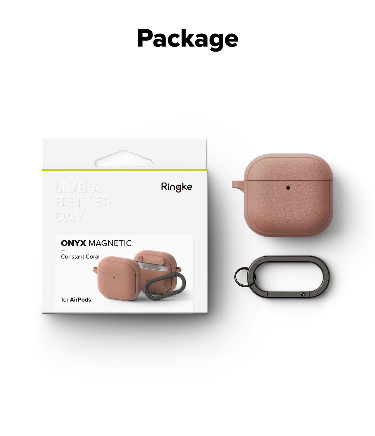 AirPods 5 / 4 Case | Onyx Magnetic - Constant Coral AirPods 4 case in retail packaging with a matching carabiner.